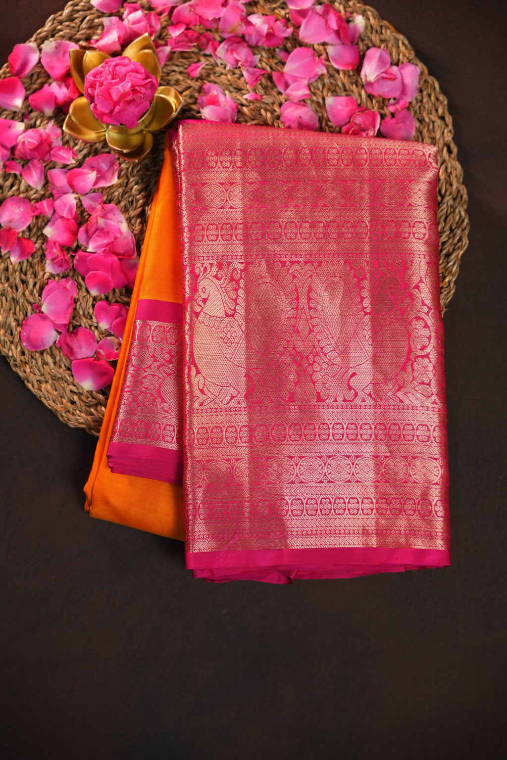 Orange Pink Kanchi Vintage Silk Saree with Rich Zari Pallu