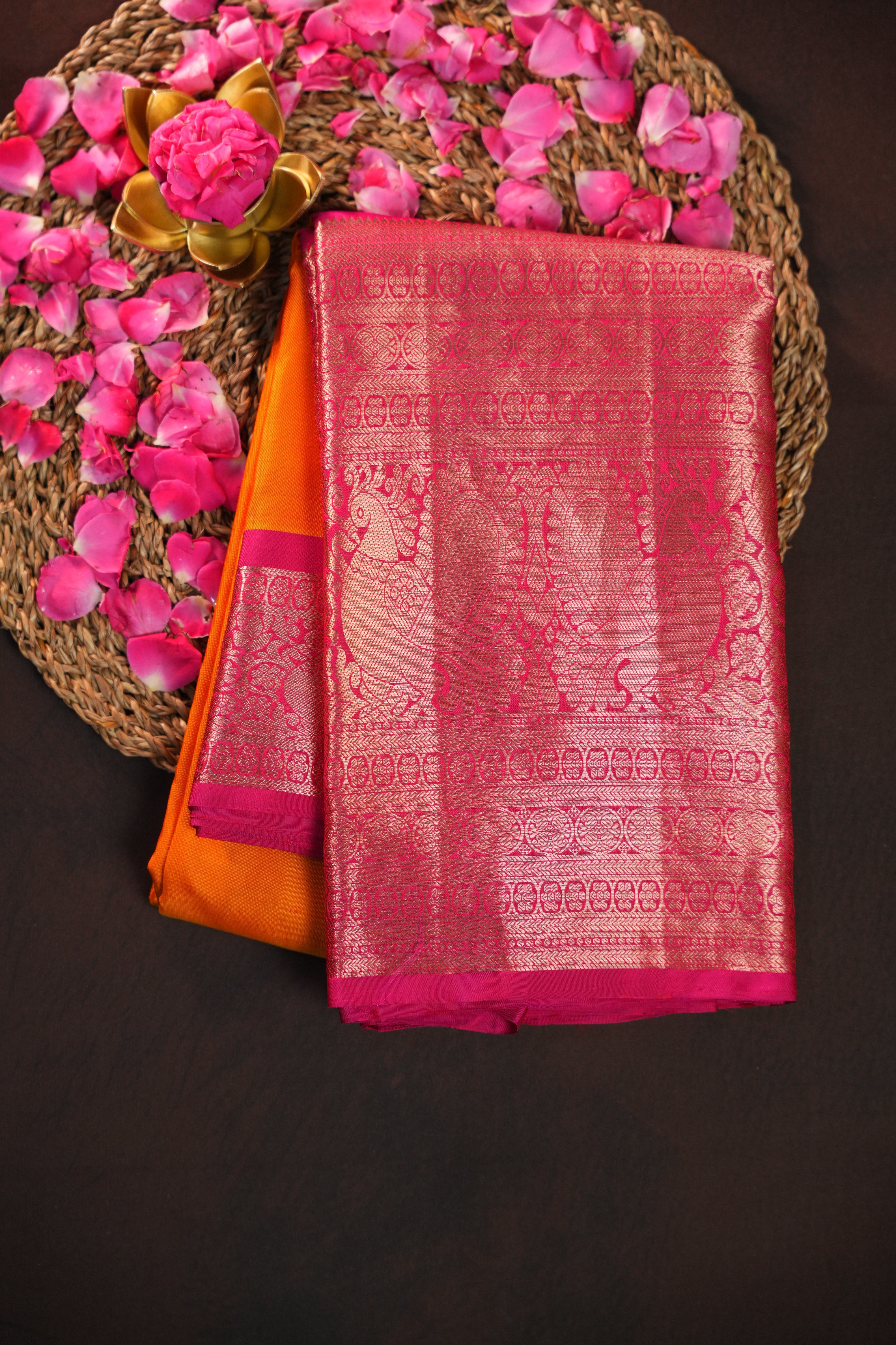 Orange Pink Kanchi Vintage Silk Saree with Rich Zari Pallu