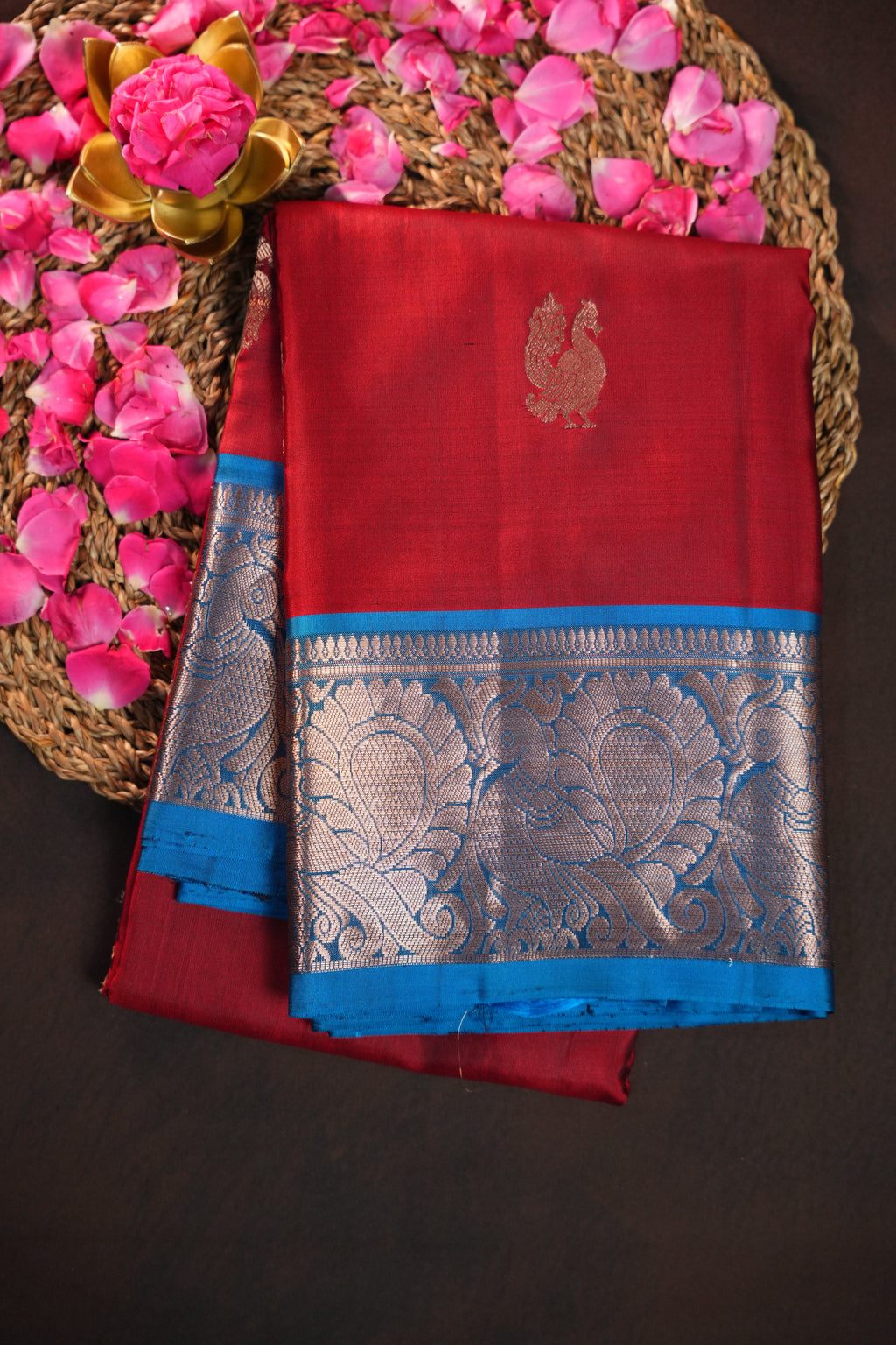 Red Kanchi Vintage Silk Saree with Blue Zari Border