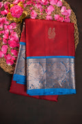 Red Kanchi Vintage Silk Saree with Blue Zari Border