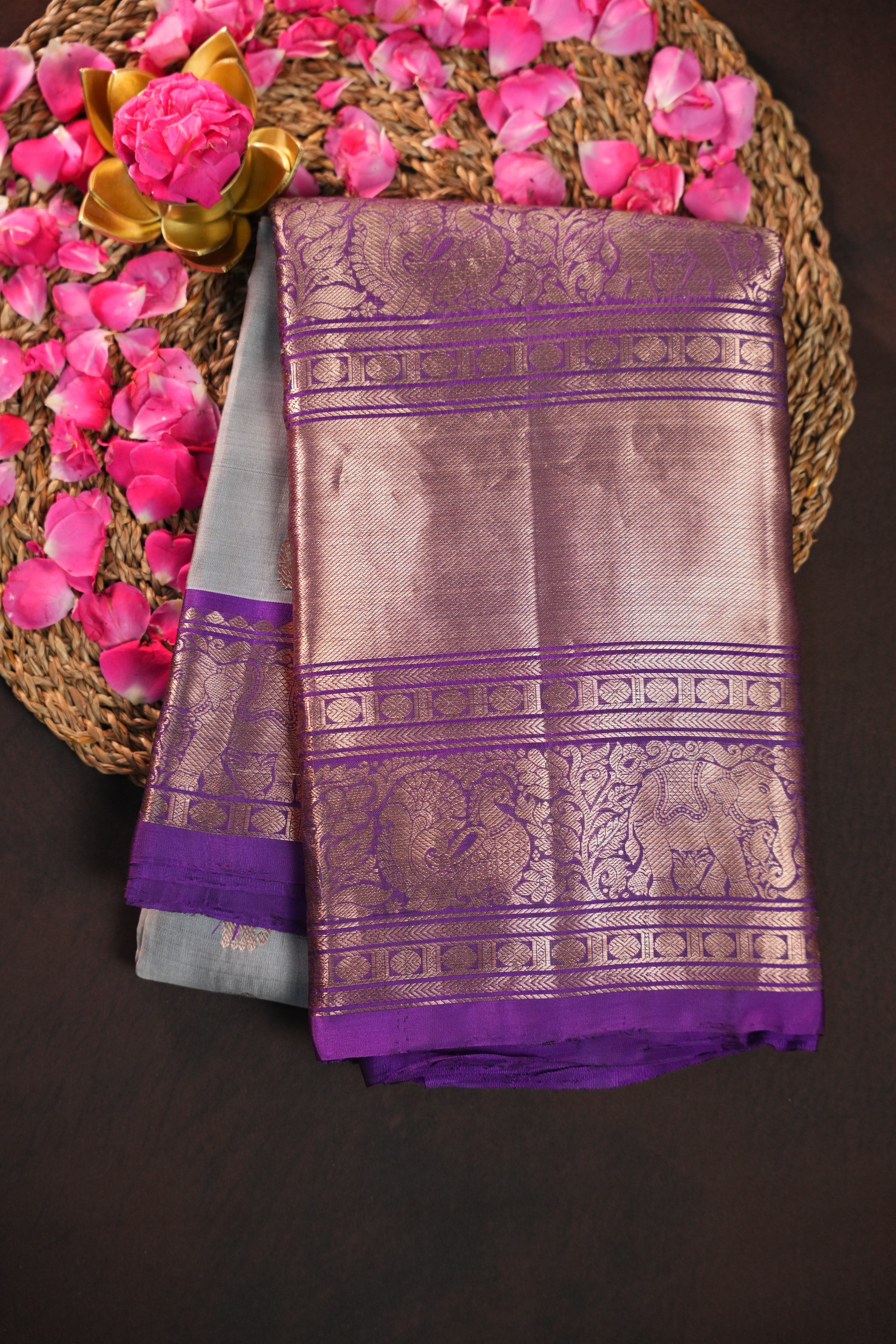Grey Purple Kanchi Vintage Silk Saree with Rich Zari Weaving