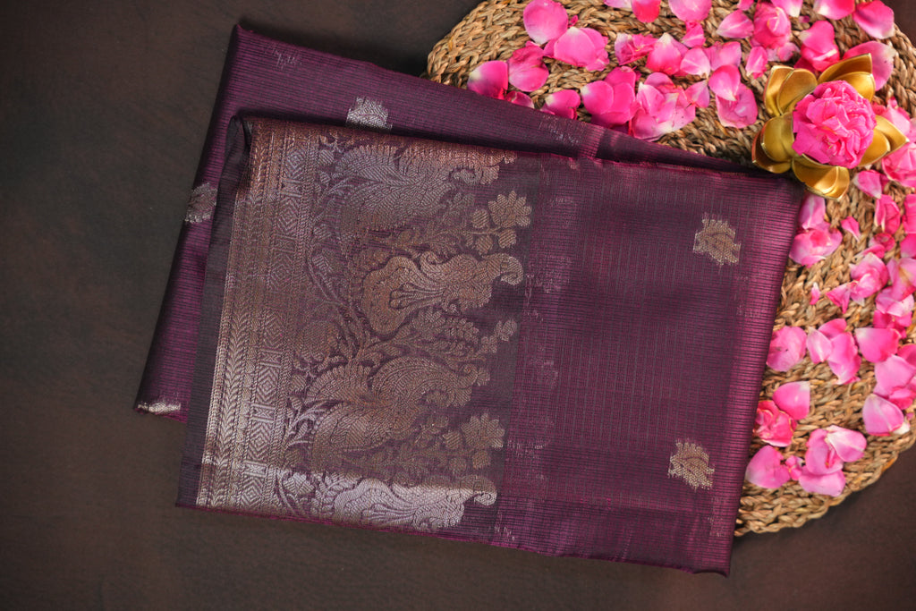 Wine Purple Banaras Silk Saree with All Over Butta Design