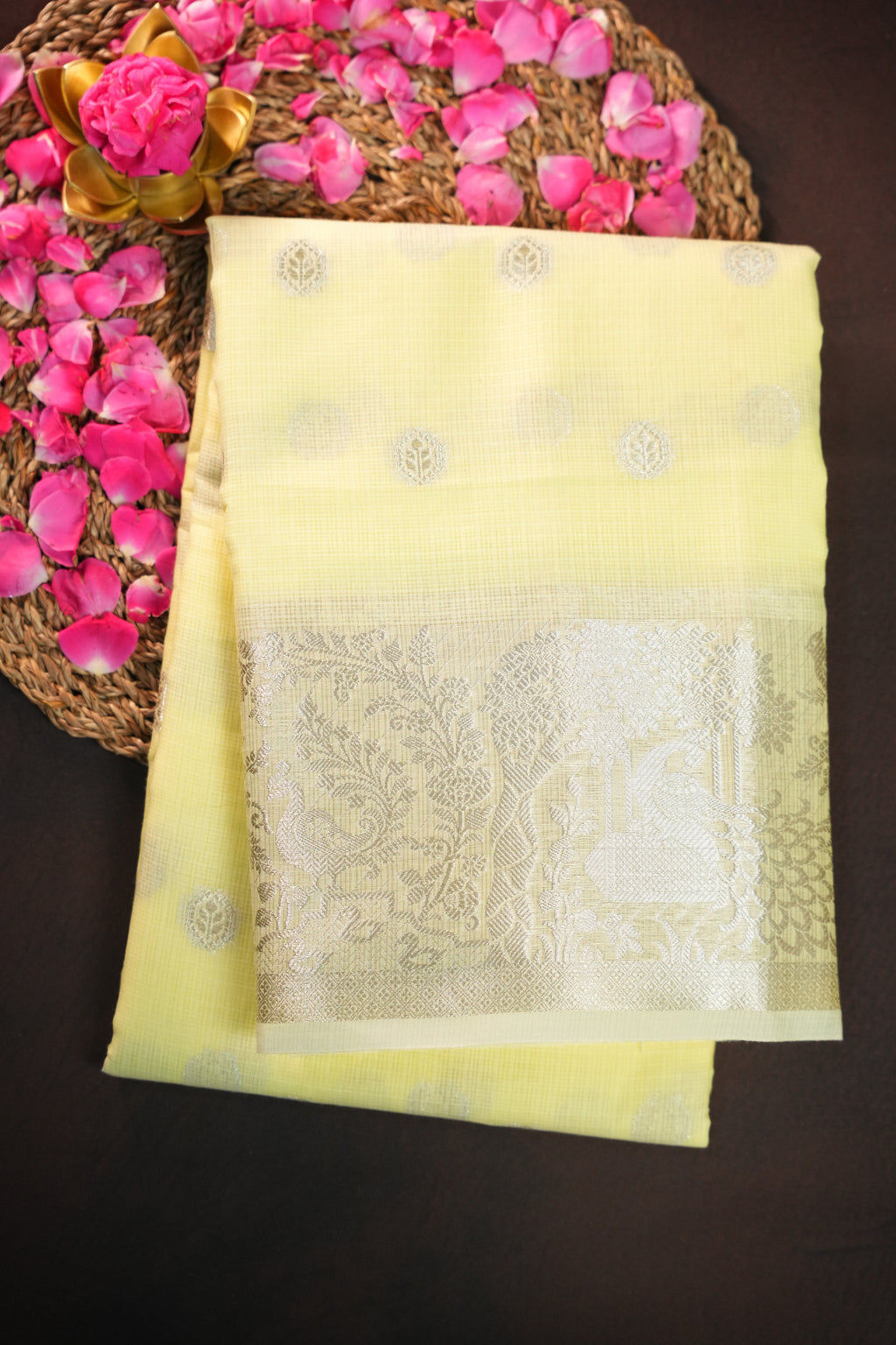 Pastel Yellow Banaras Silk Saree with Silver All Over Butta