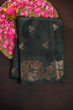 Dark Green Banaras Silk Saree with Copper All Over Butta
