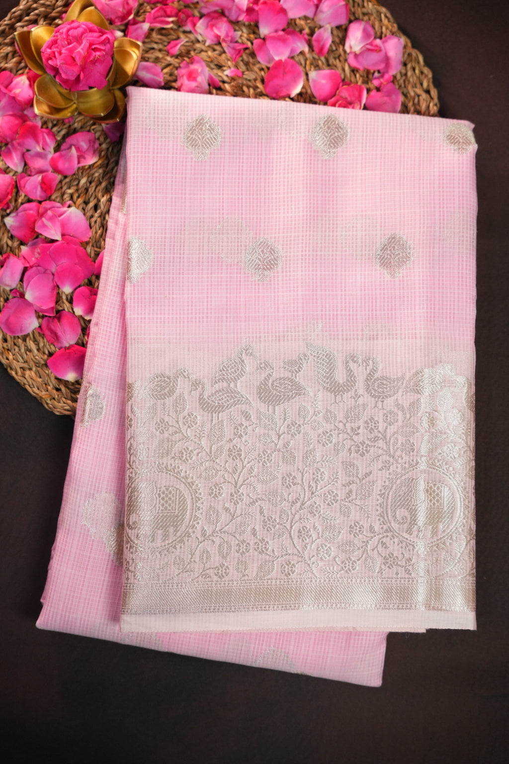 Baby Pink Banaras Silk Saree with Silver All Over Butta
