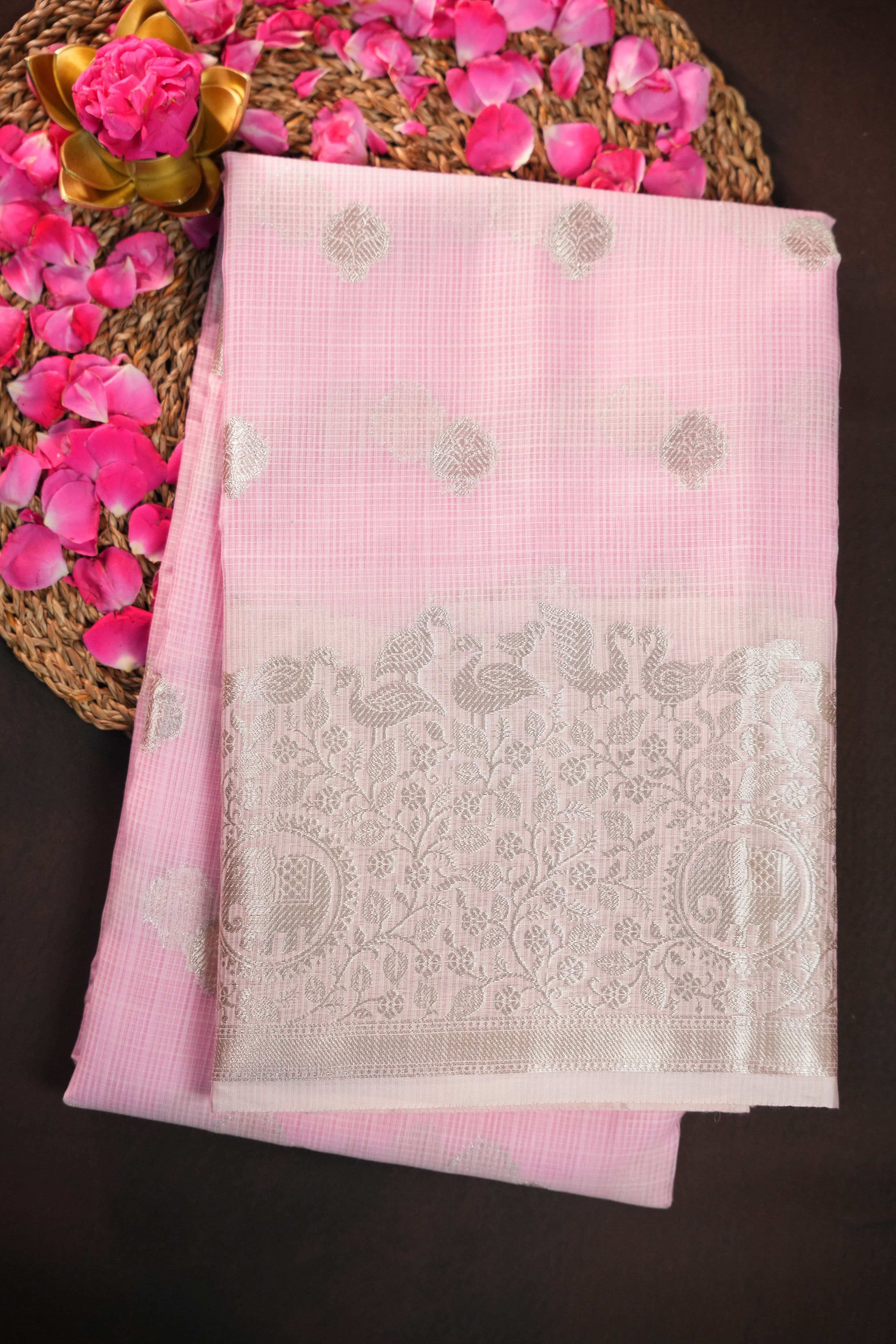 Baby Pink Banaras Silk Saree with Silver All Over Butta
