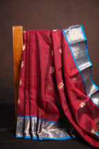 Red Kanchi Vintage Silk Saree with Blue Zari Border