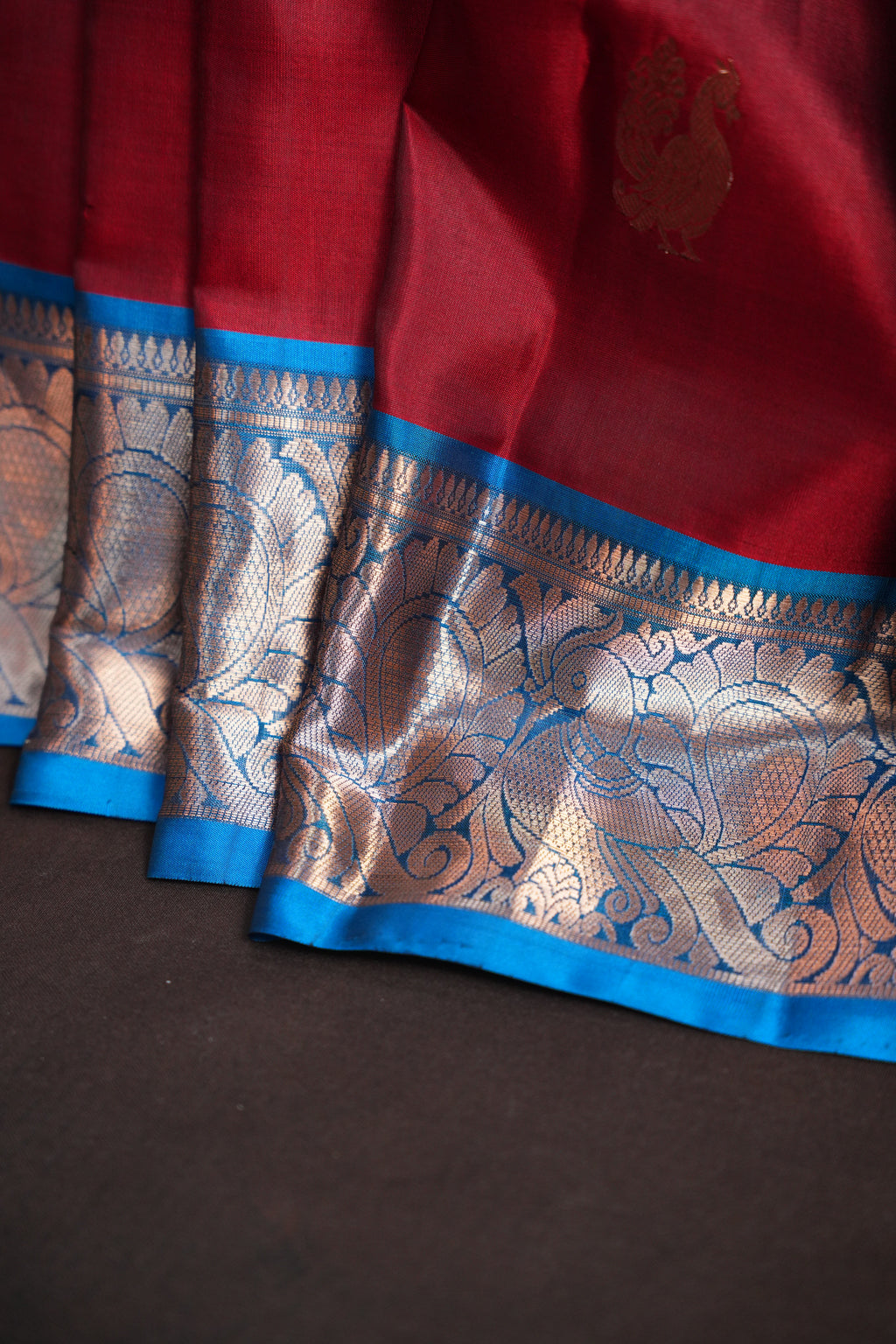 Red Kanchi Vintage Silk Saree with Blue Zari Border