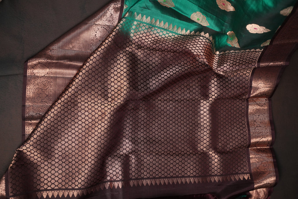Emerald Green Kanchi Vintage Silk Saree with Antique Zari Border