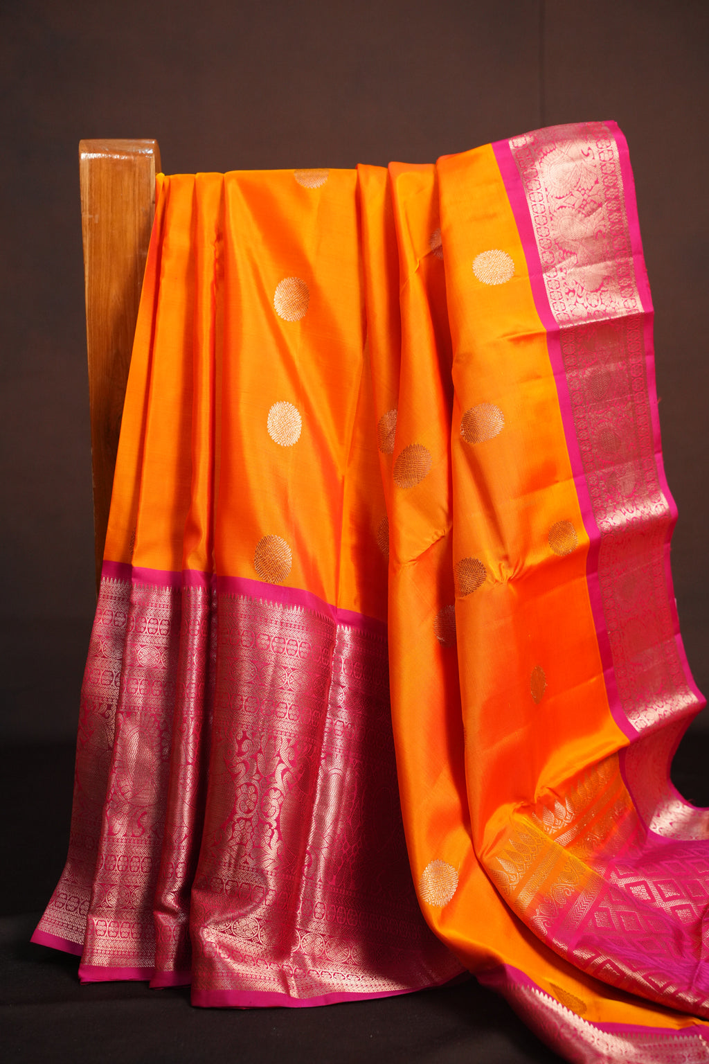 Orange Pink Kanchi Vintage Silk Saree with Rich Zari Pallu