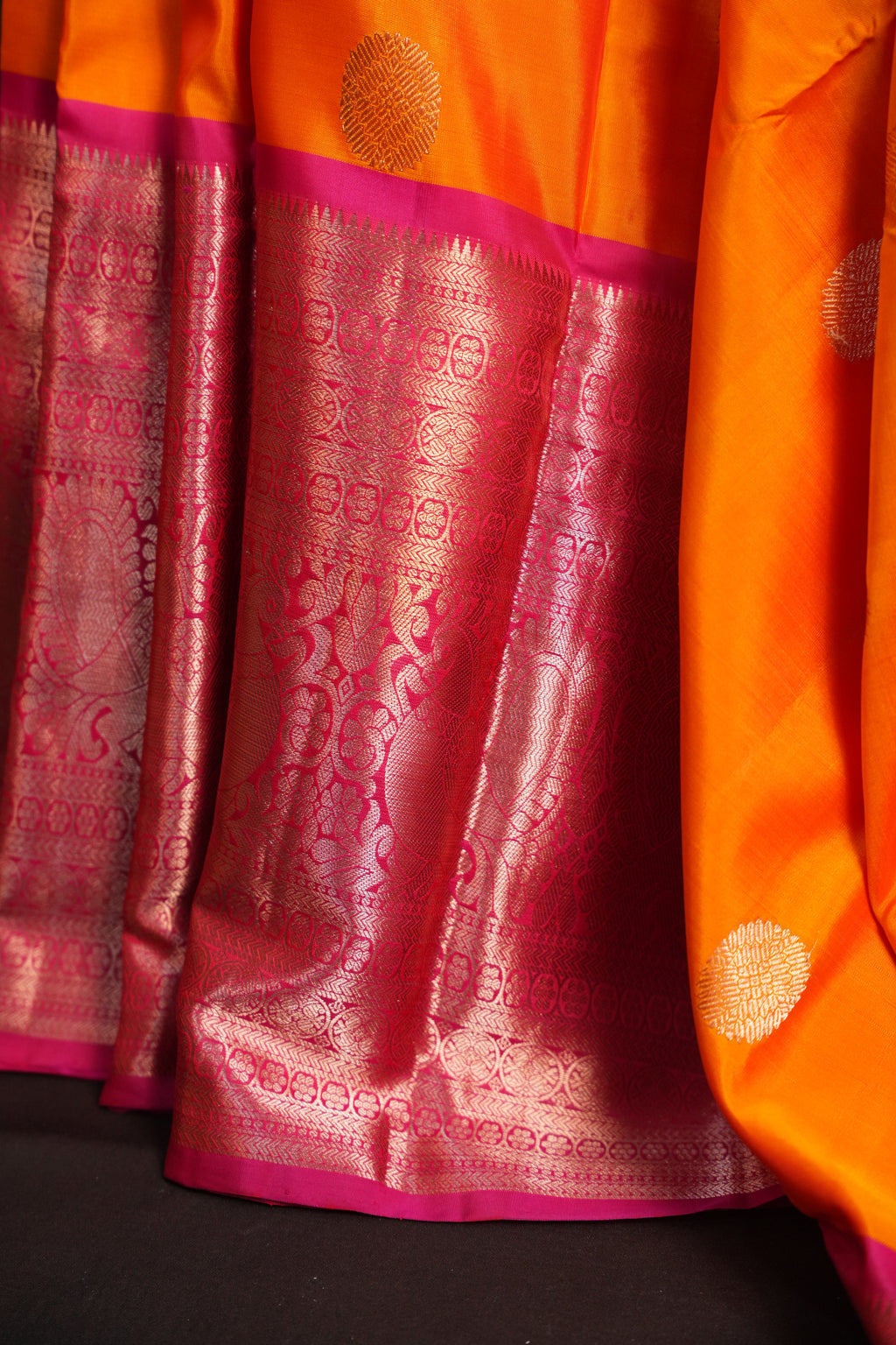 Orange Pink Kanchi Vintage Silk Saree with Rich Zari Pallu