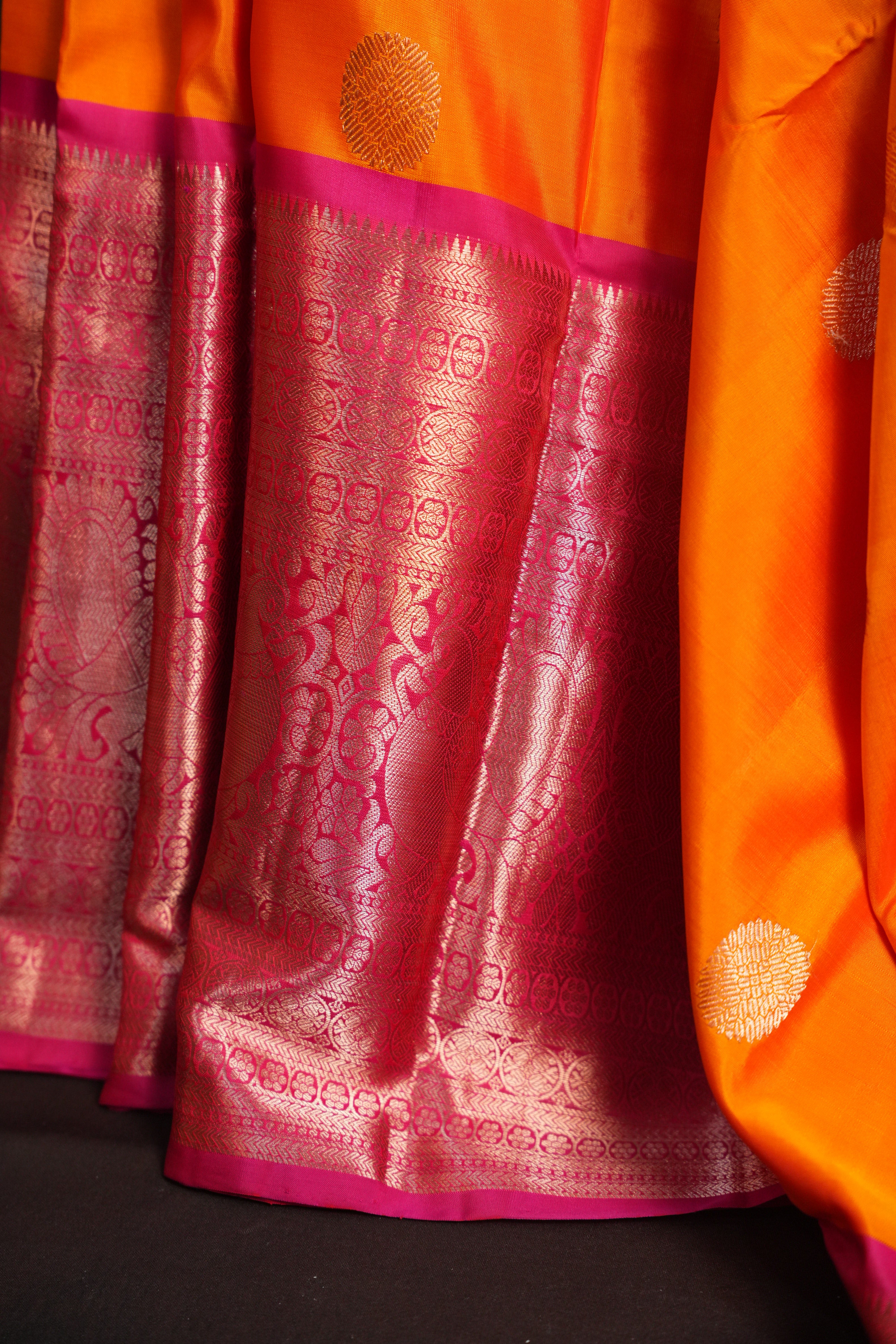 Orange Pink Kanchi Vintage Silk Saree with Rich Zari Pallu