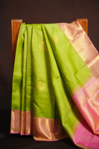 Lime Green Kanchi Vintage Silk Saree with Pink Zari Border