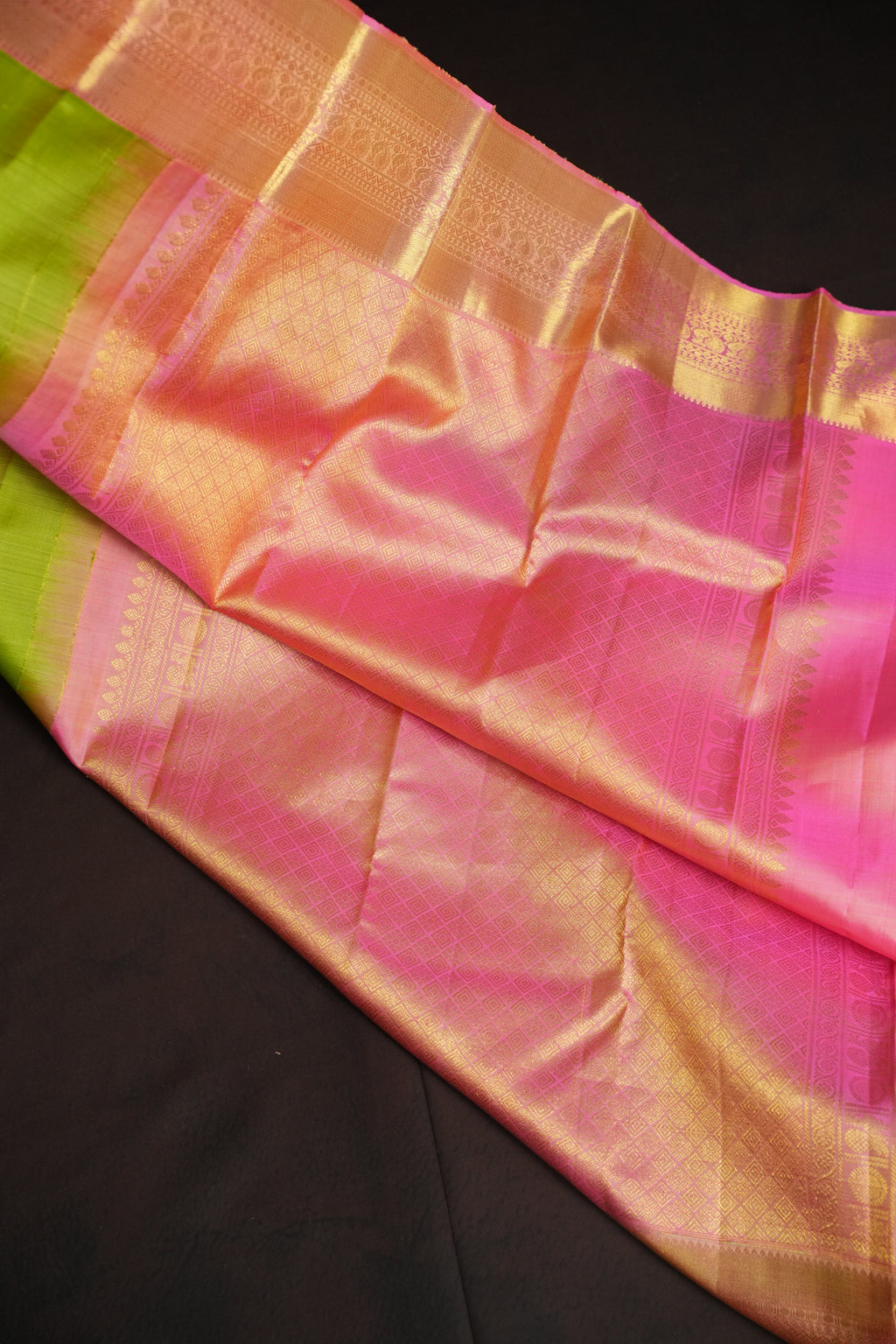 Lime Green Kanchi Vintage Silk Saree with Pink Zari Border