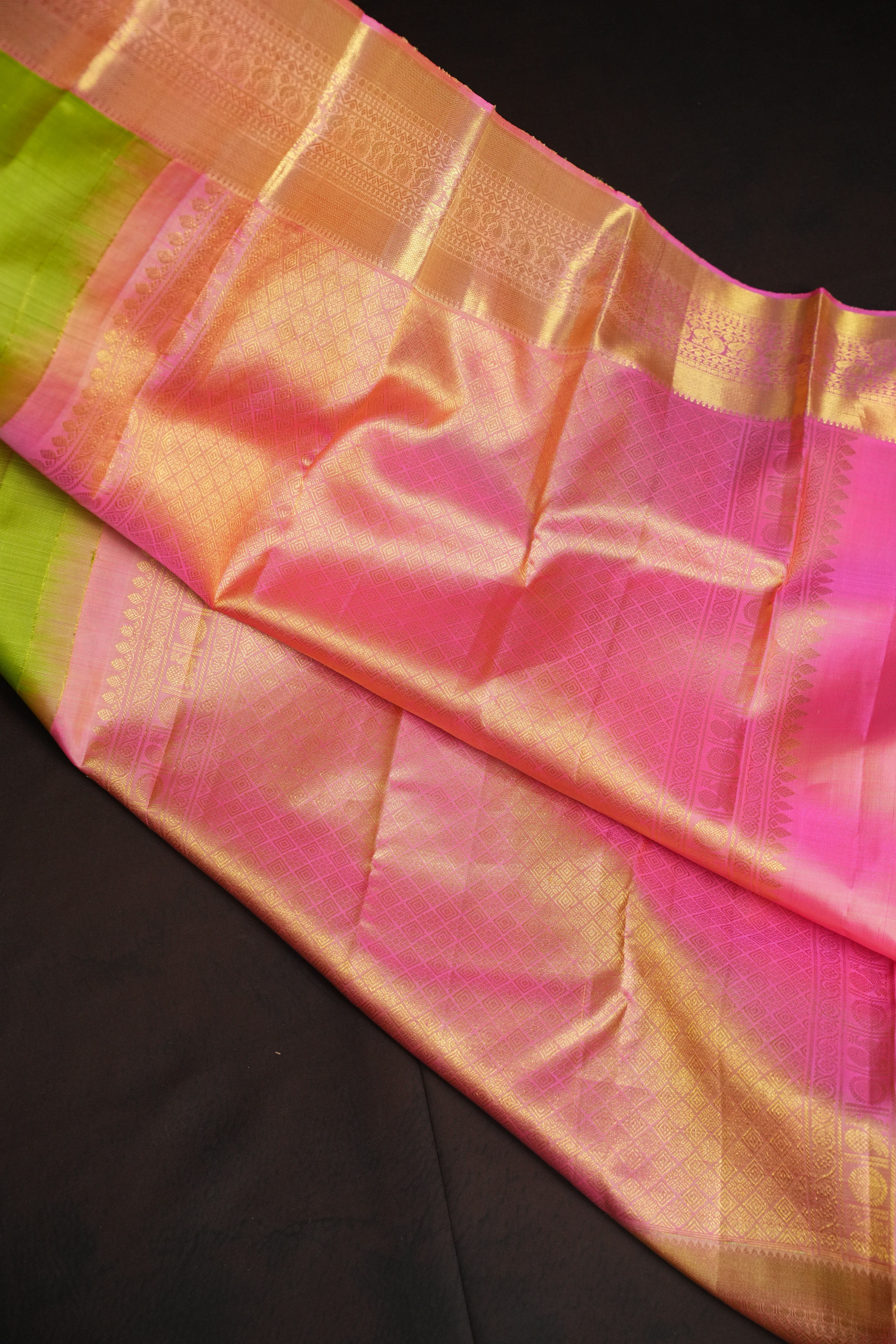 Lime Green Kanchi Vintage Silk Saree with Pink Zari Border