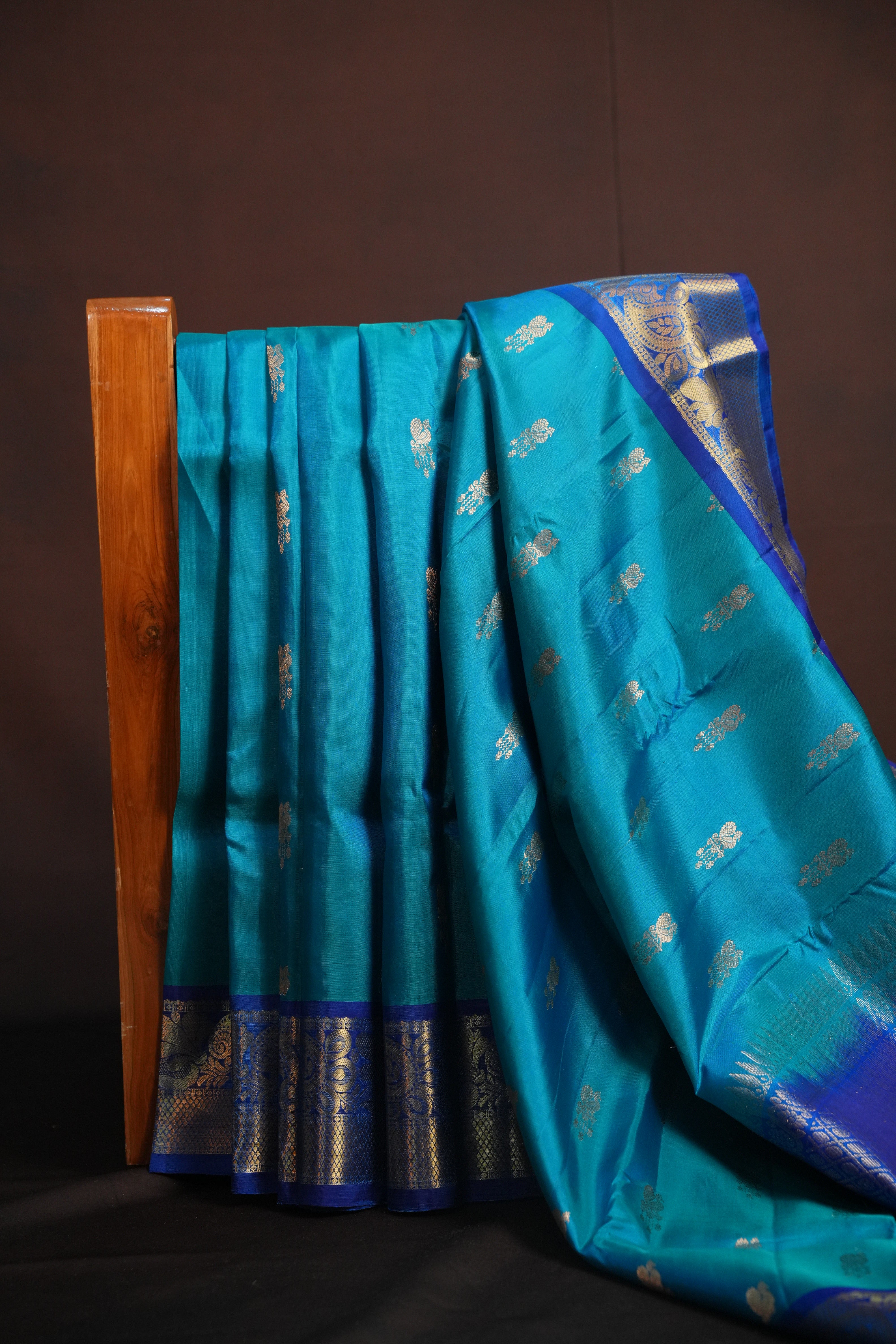 Turquoise Blue Kanchi Vintage Silk Saree with Royal Zari Border