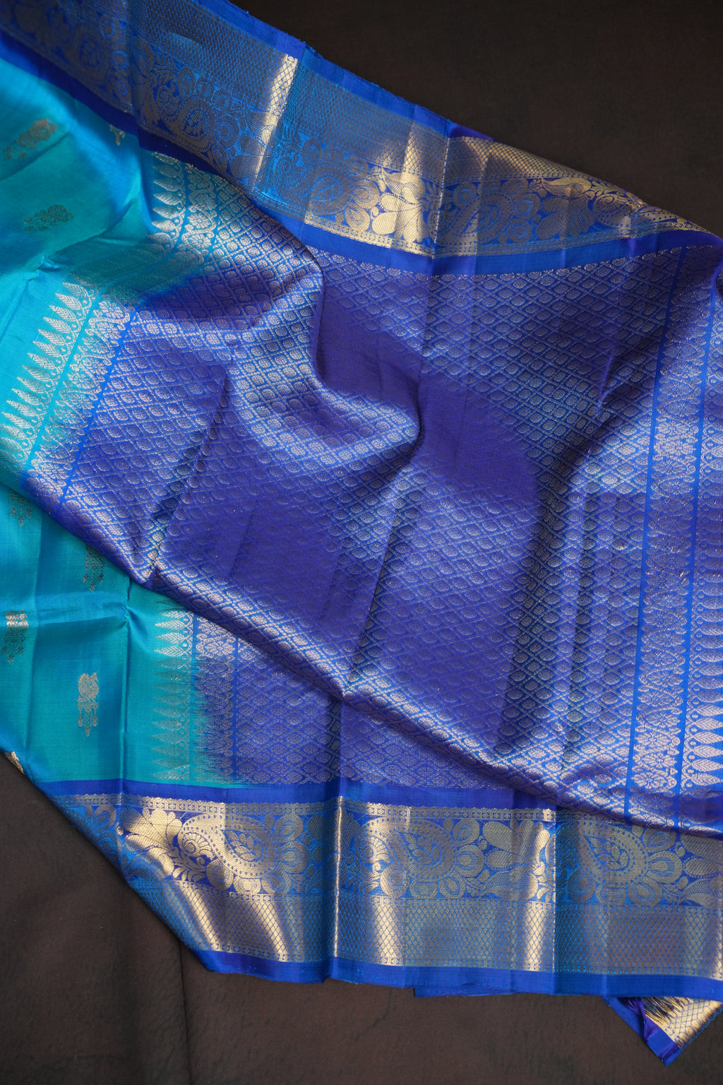 Turquoise Blue Kanchi Vintage Silk Saree with Royal Zari Border