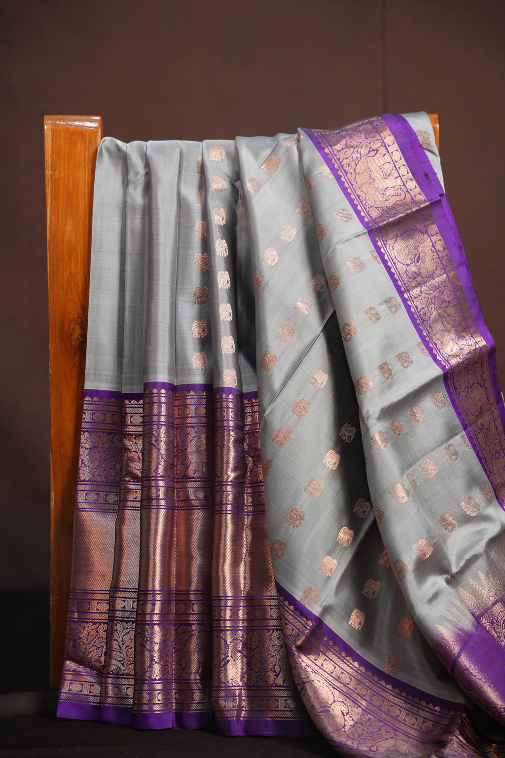Grey Purple Kanchi Vintage Silk Saree with Rich Zari Weaving