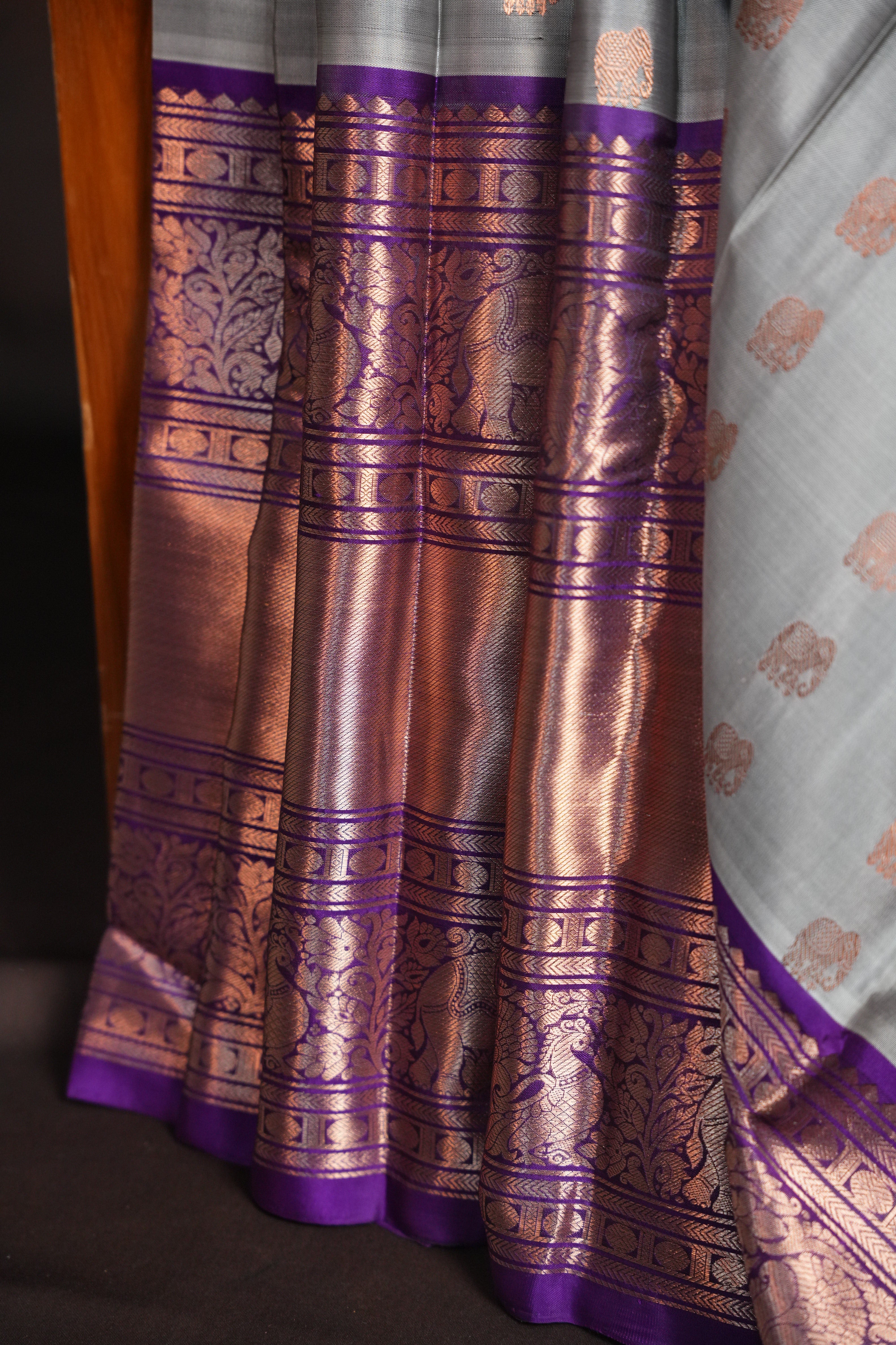 Grey Purple Kanchi Vintage Silk Saree with Rich Zari Weaving