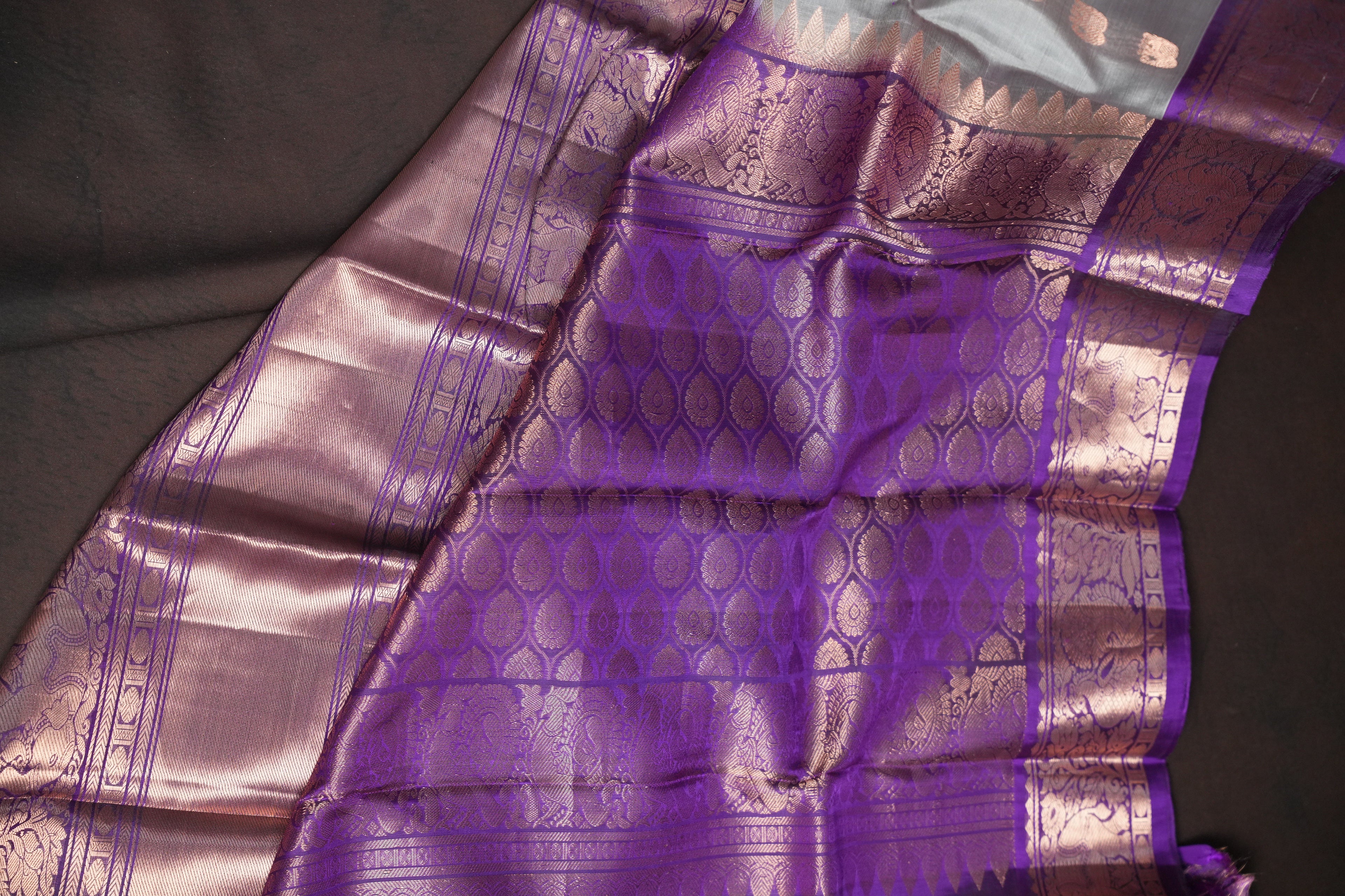 Grey Purple Kanchi Vintage Silk Saree with Rich Zari Weaving