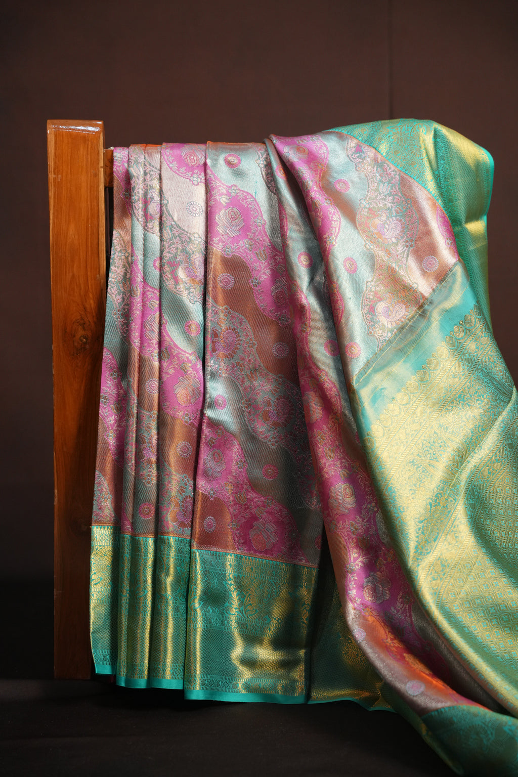 Turquoise Blue Kanchi Bridal Saree with Rich Zari Design