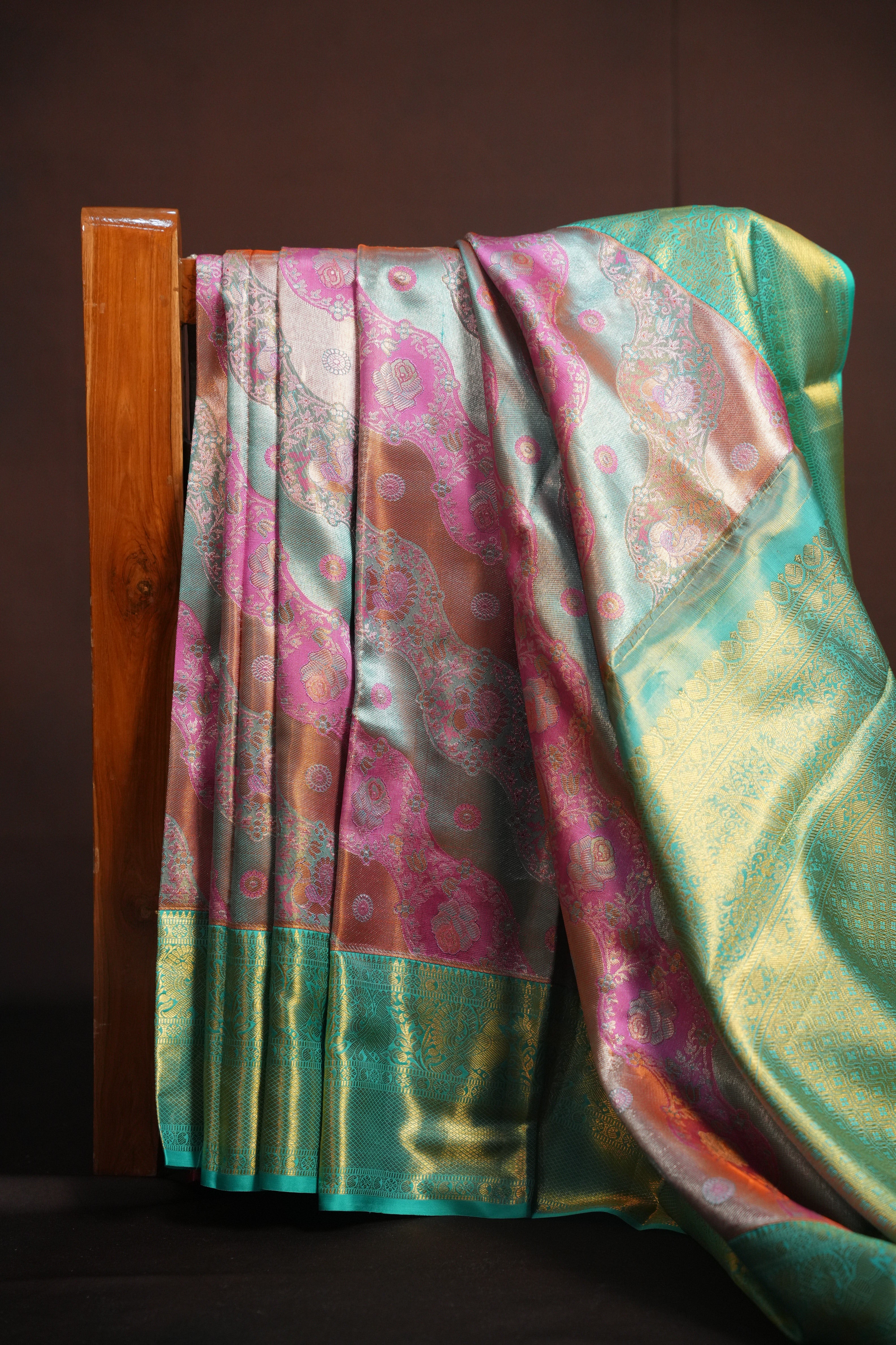 Turquoise Blue Kanchi Bridal Saree with Rich Zari Design