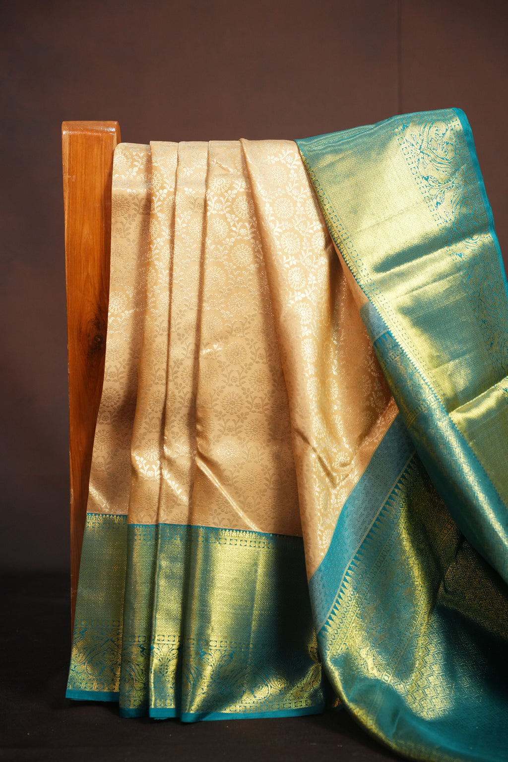 Cream Gold Kanchi Bridal Saree with Teal Zari Border