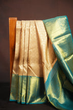 Cream Gold Kanchi Bridal Saree with Teal Zari Border