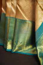 Cream Gold Kanchi Bridal Saree with Teal Zari Border