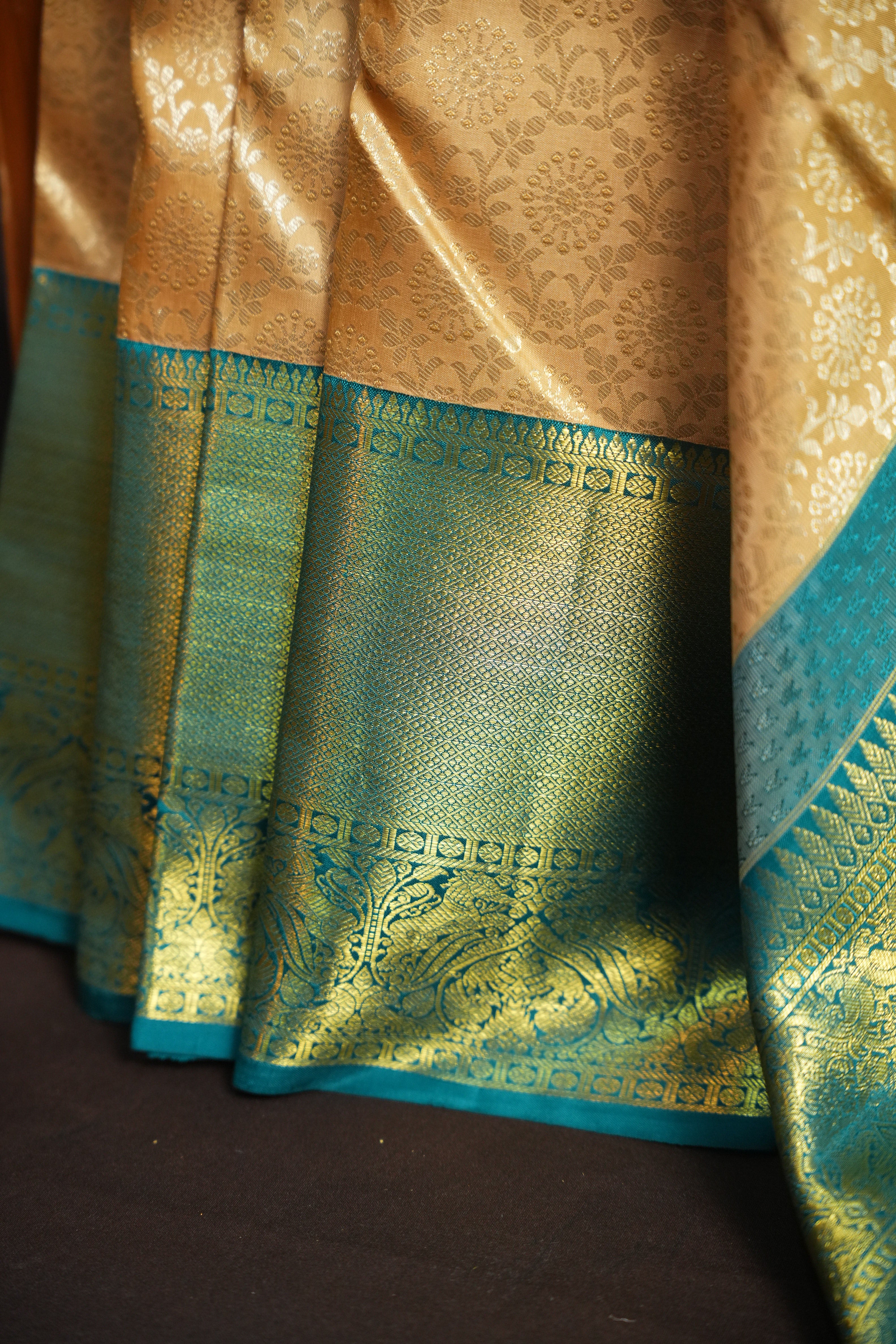 Cream Gold Kanchi Bridal Saree with Teal Zari Border