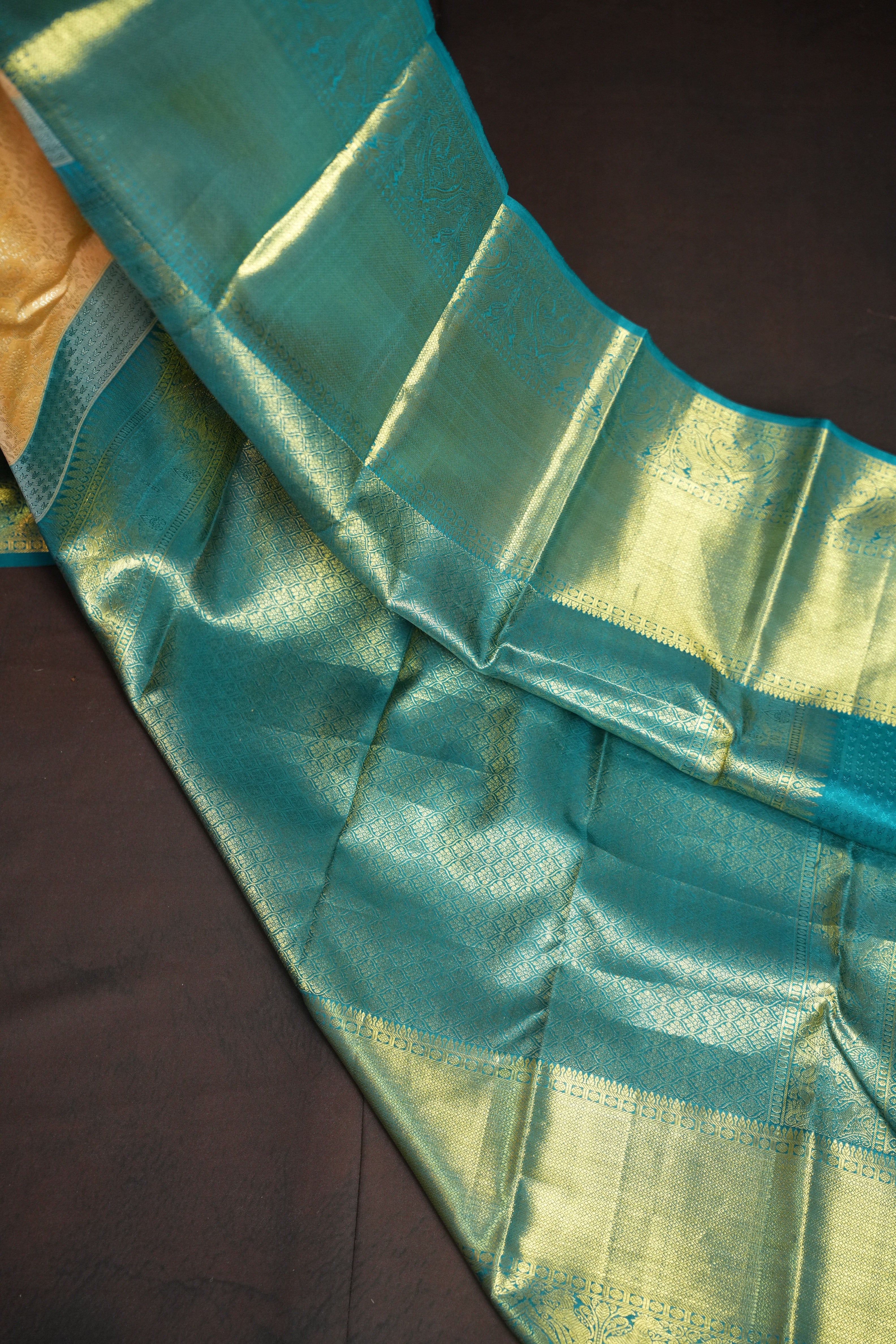 Cream Gold Kanchi Bridal Saree with Teal Zari Border