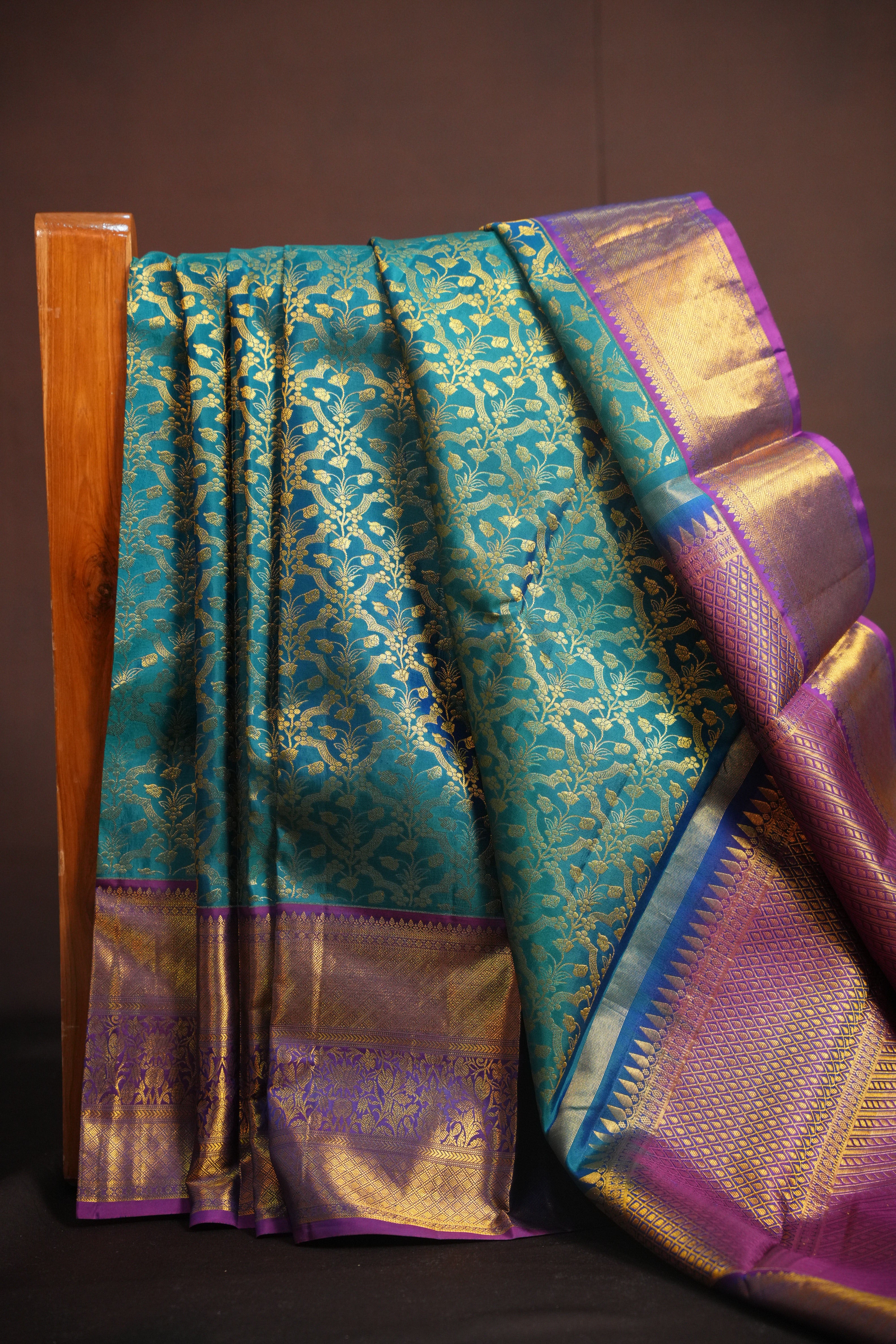 Peacock Blue Kanchi Bridal Saree with Rich Gold Zari