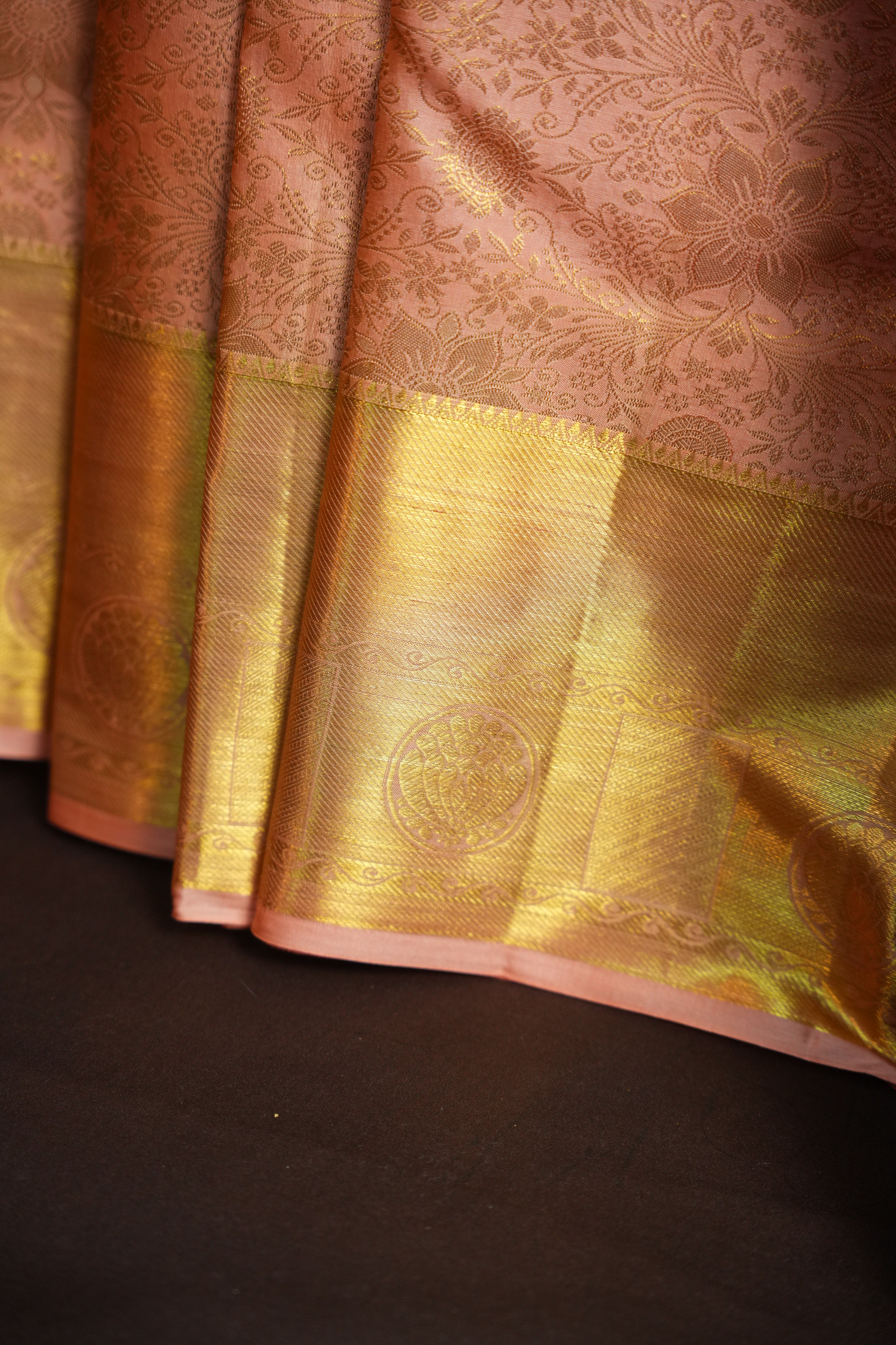 Peach Pink Kanchi Bridal Saree with Rich Gold Zari