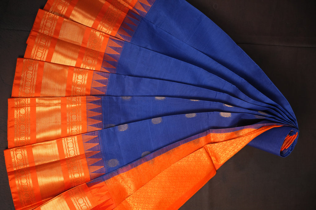 Royal Blue and Orange Gadwal Cotton Saree with Zari Border