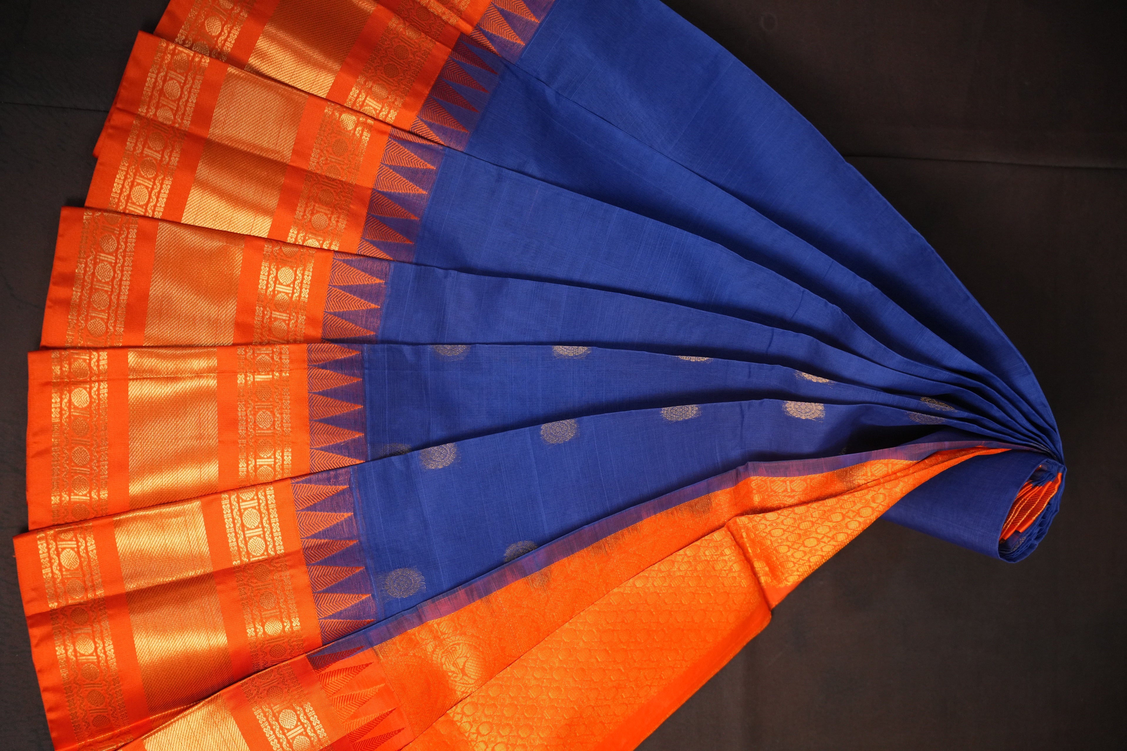 Royal Blue and Orange Gadwal Cotton Saree with Zari Border