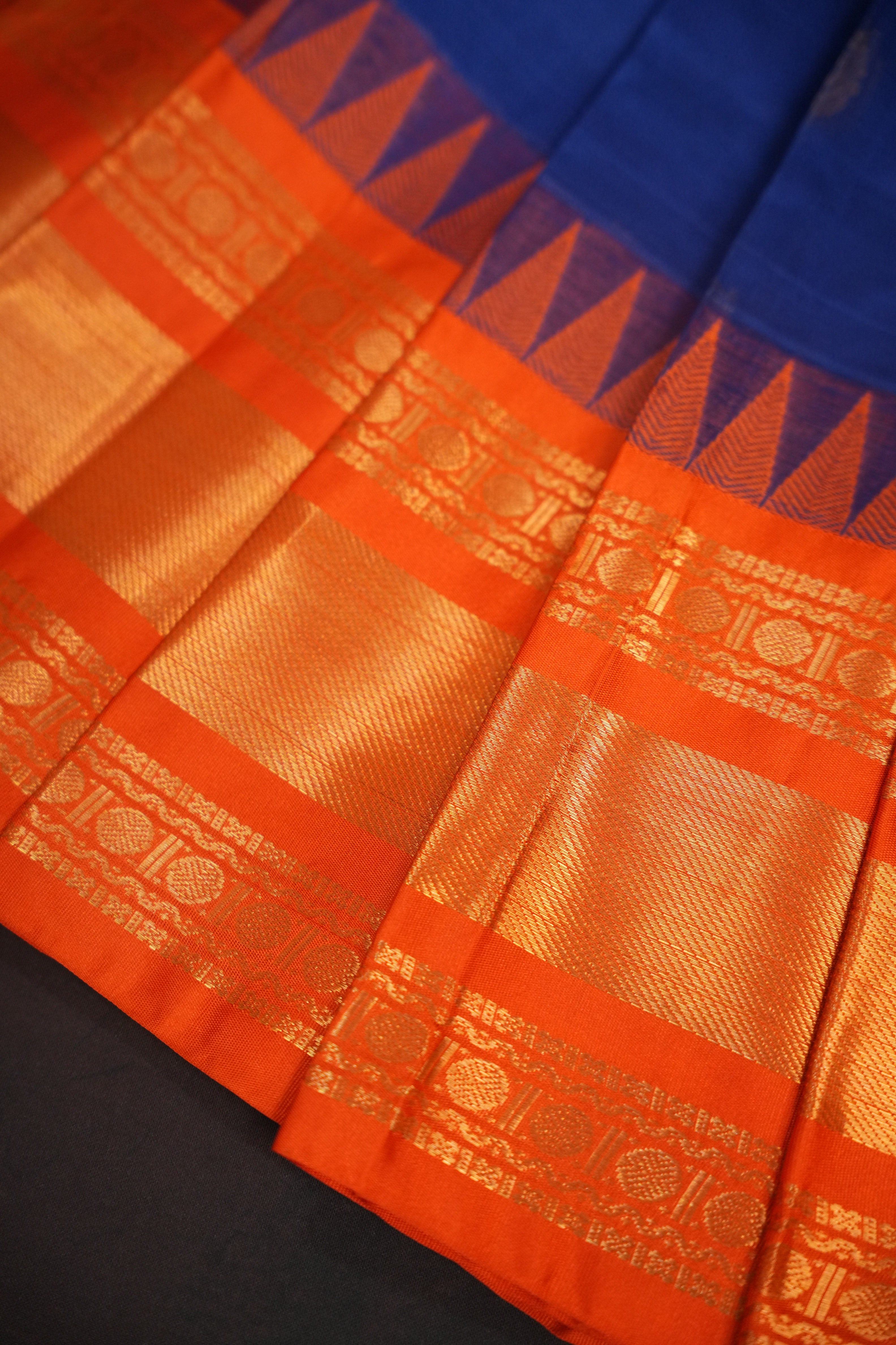 Royal Blue and Orange Gadwal Cotton Saree with Zari Border
