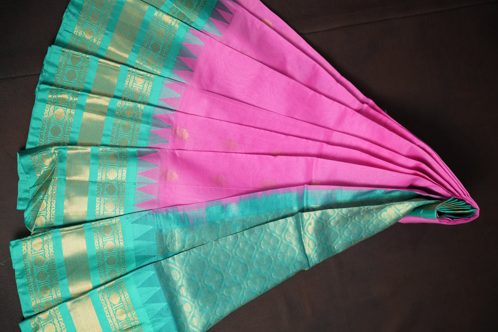 Turquoise Green and Pink Gadwal Cotton Saree with Zari Border