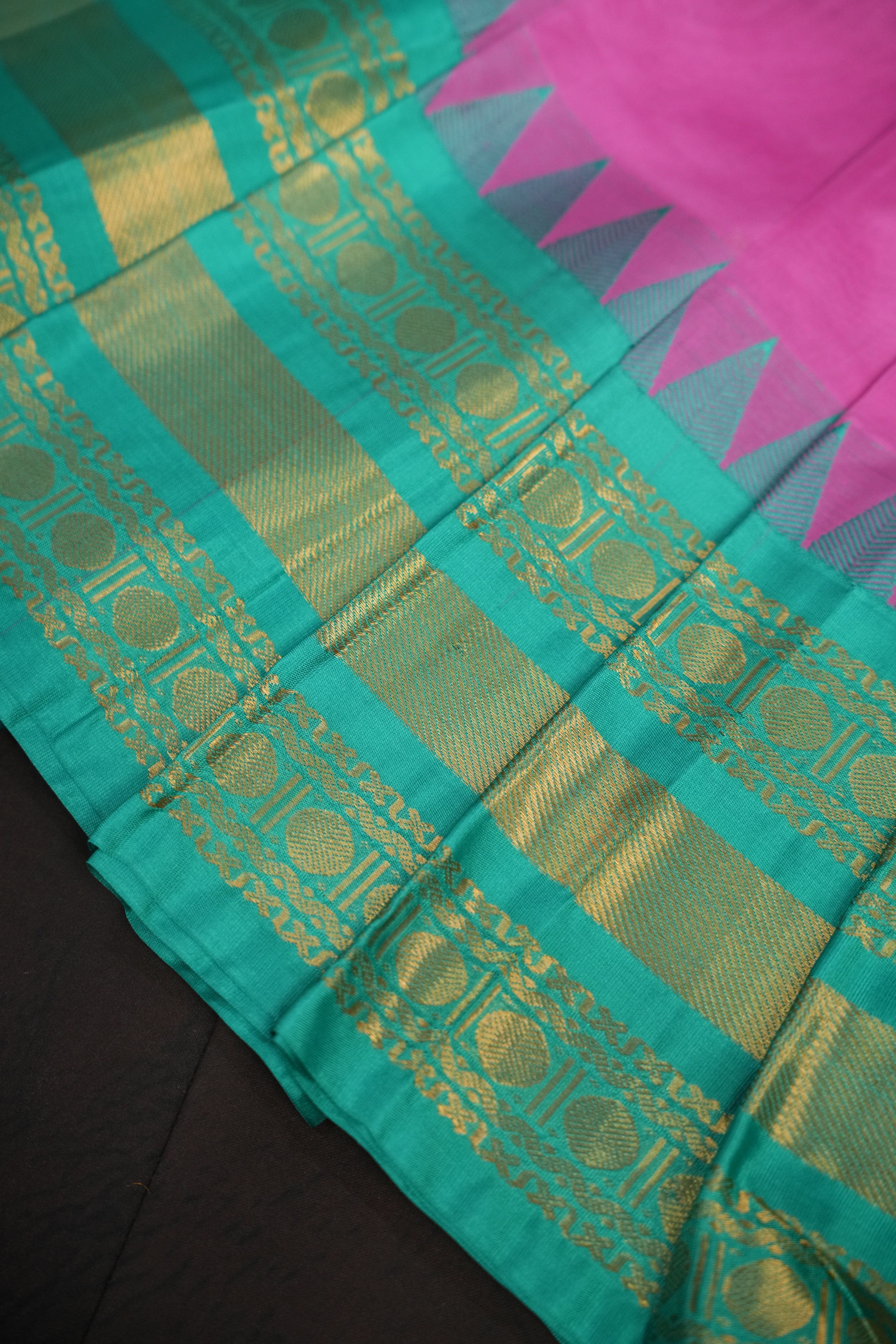 Turquoise Green and Pink Gadwal Cotton Saree with Zari Border