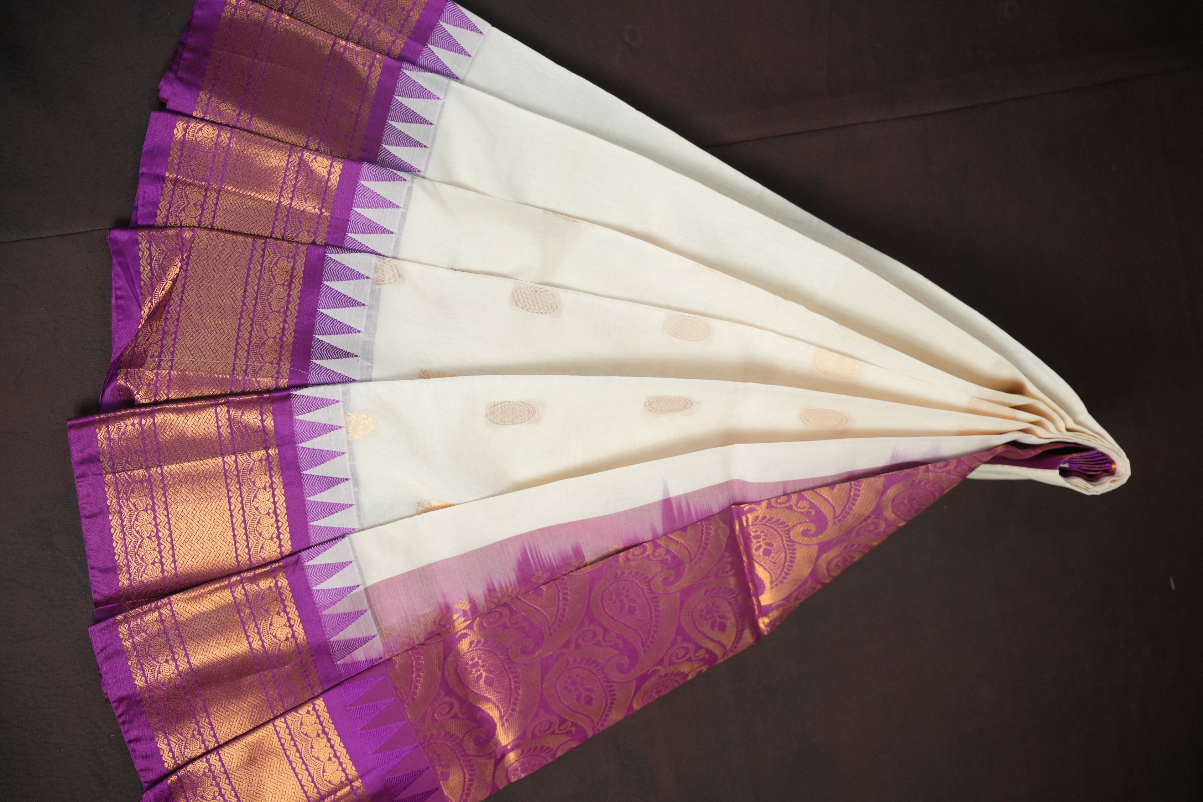 White and Purple Gadwal Cotton Saree with Zari Border
