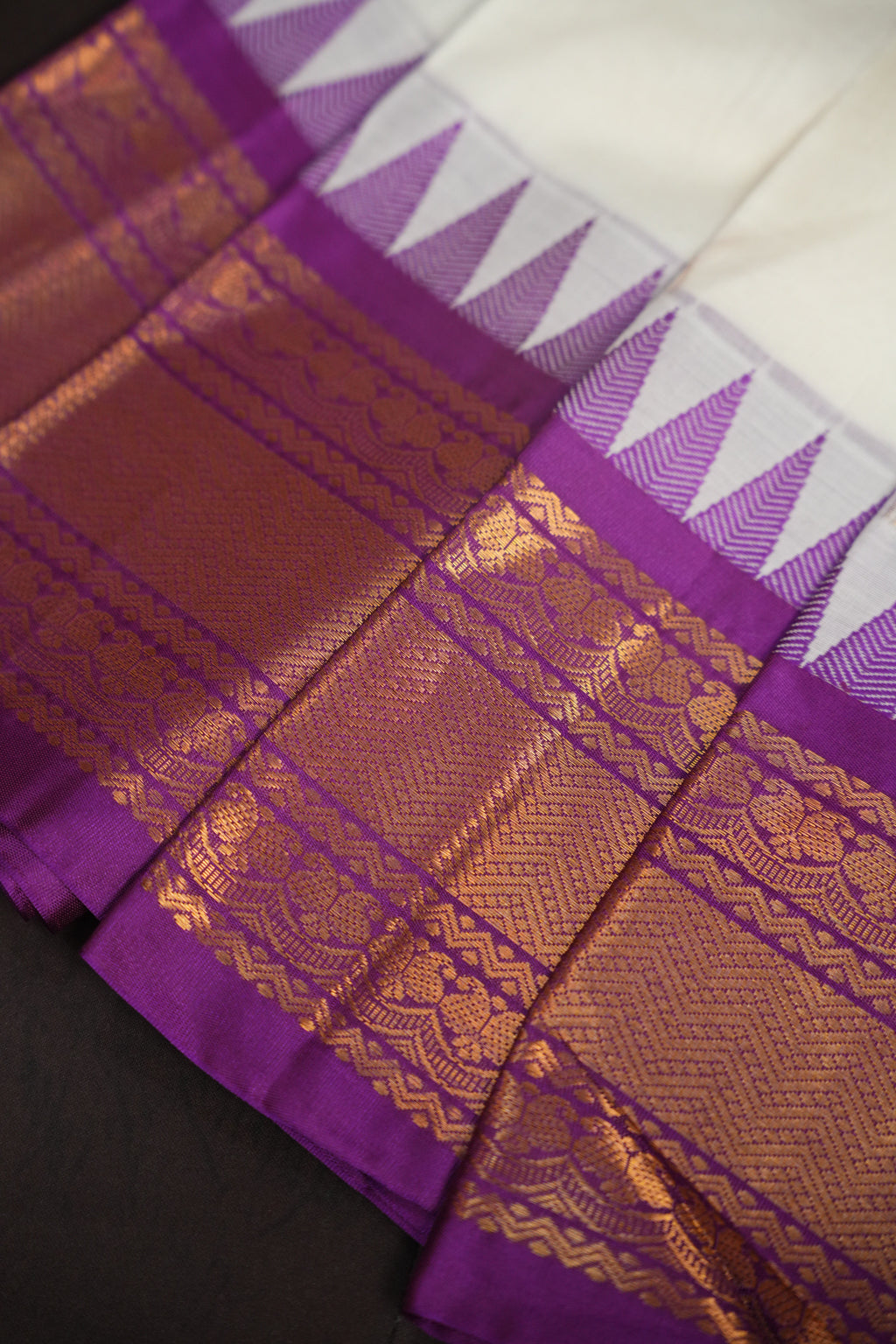 White and Purple Gadwal Cotton Saree with Zari Border