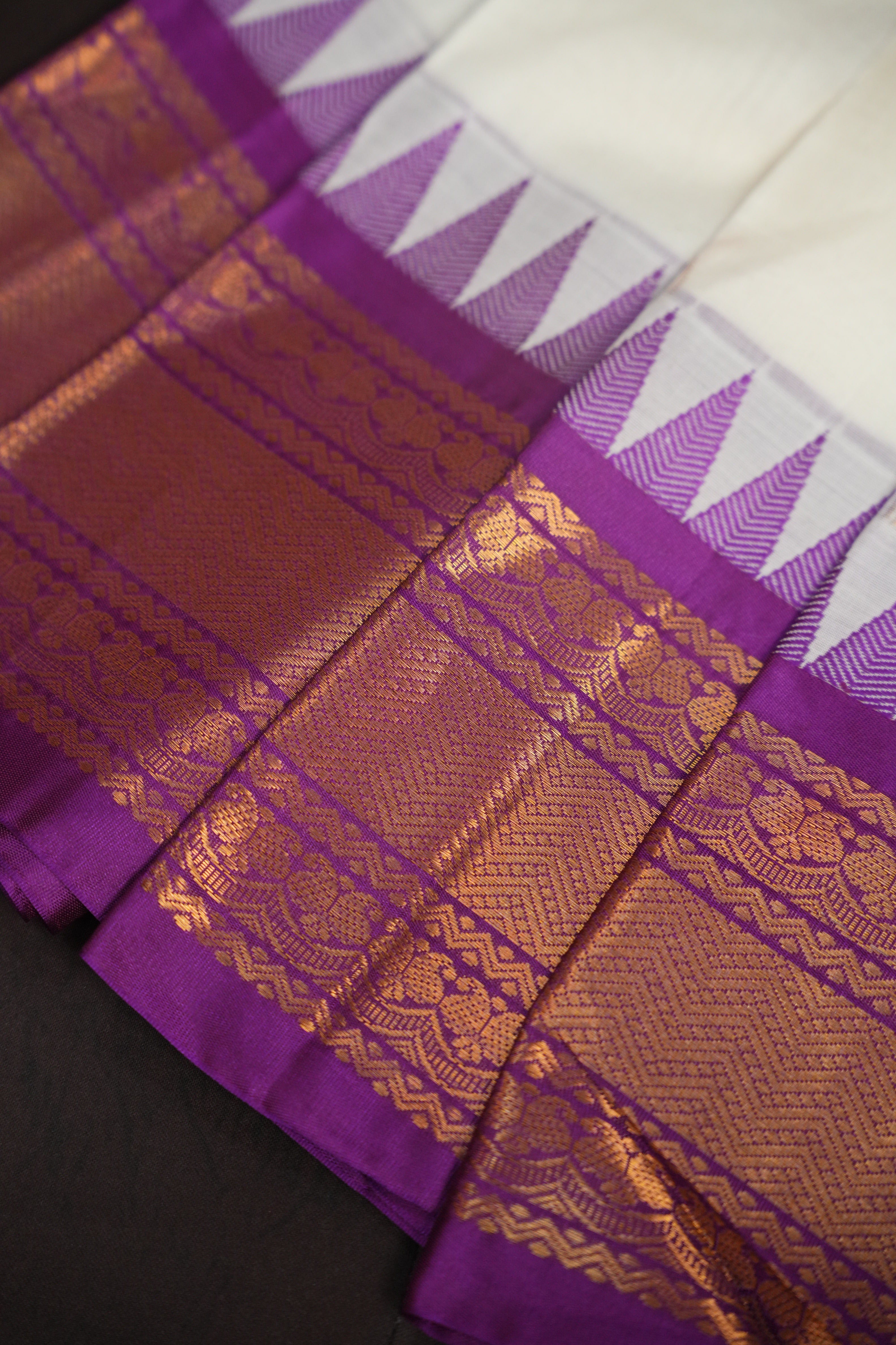 White and Purple Gadwal Cotton Saree with Zari Border