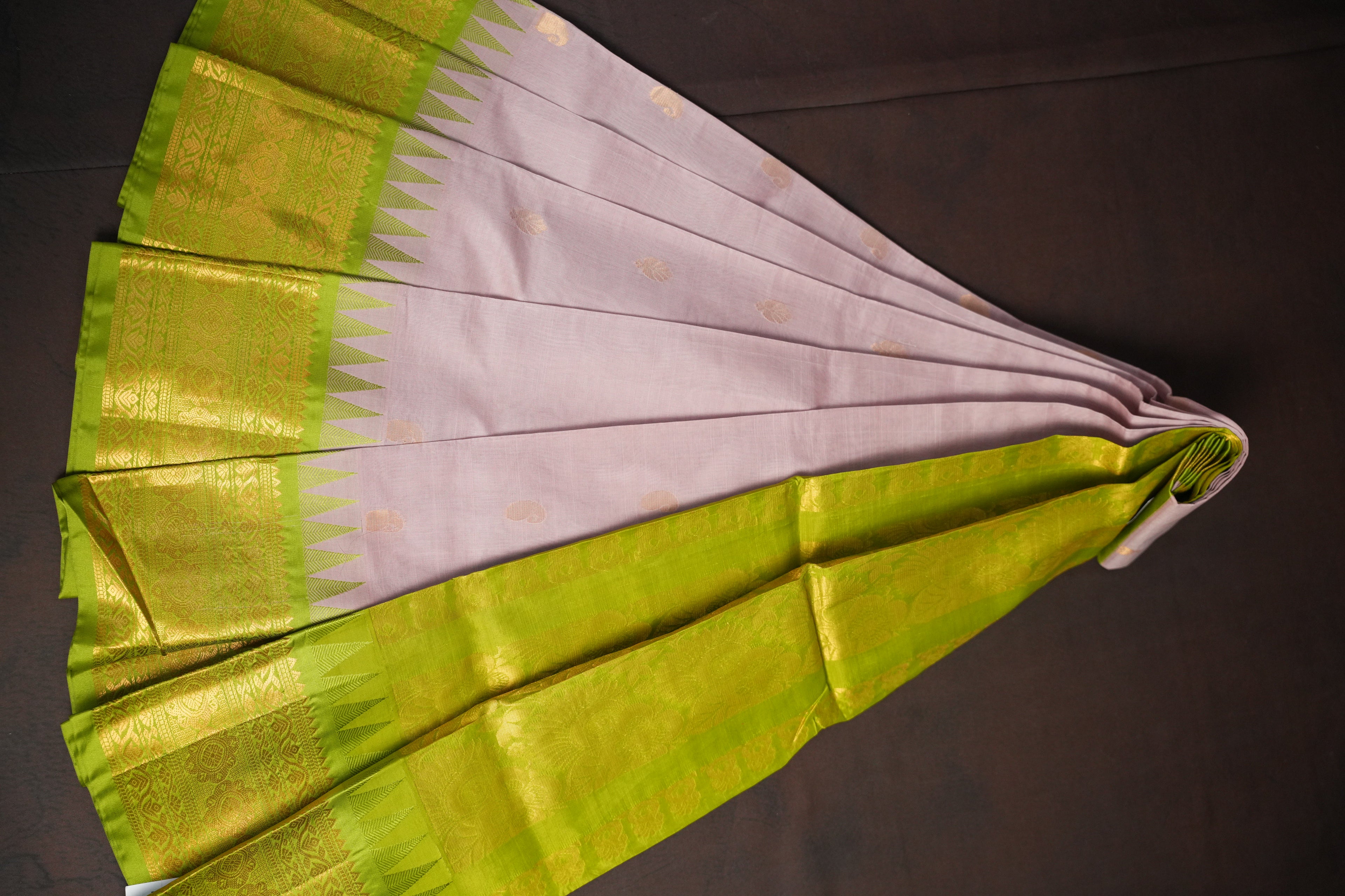 Lavender and Green Gadwal Cotton Saree with Zari Border