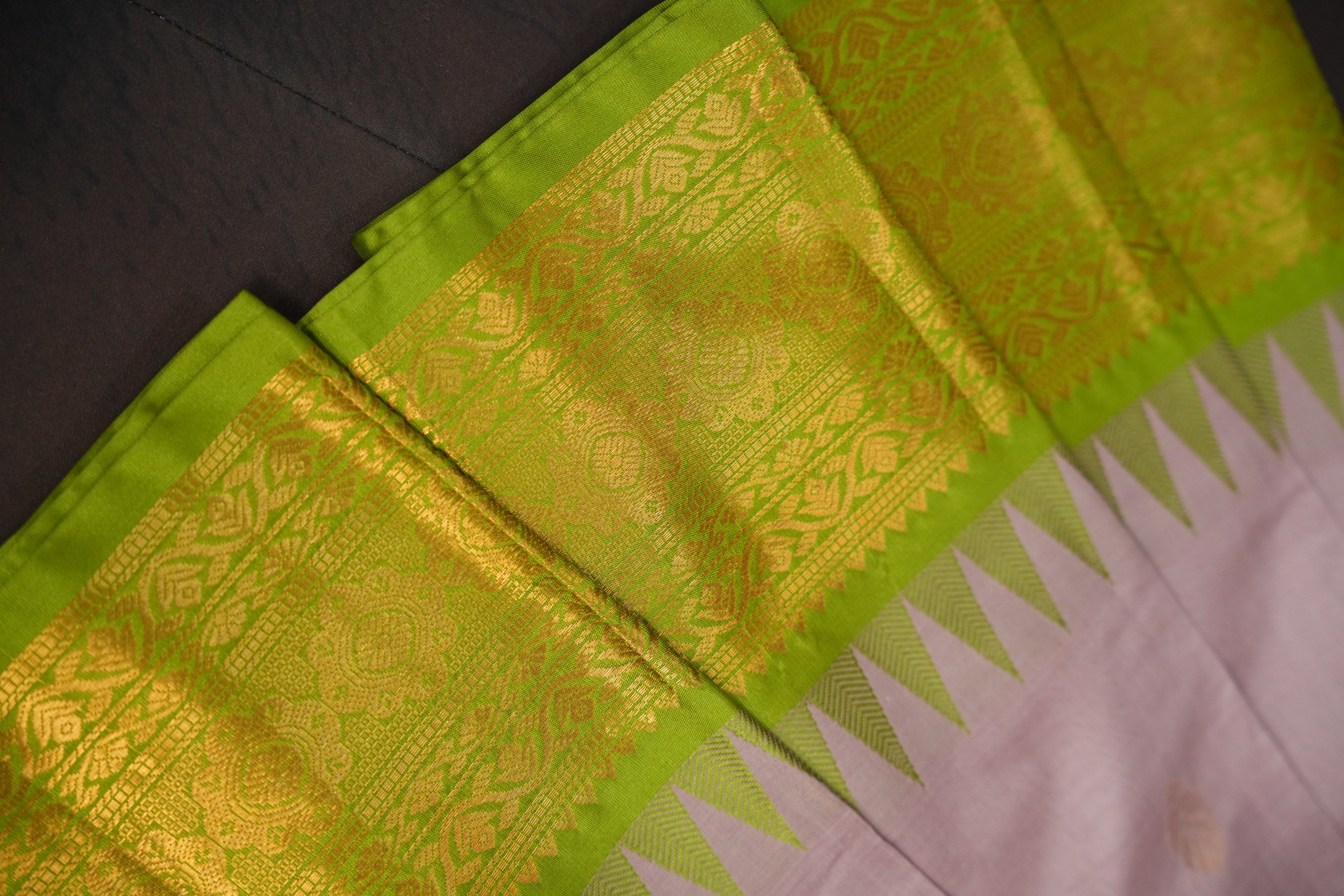 Lavender and Green Gadwal Cotton Saree with Zari Border