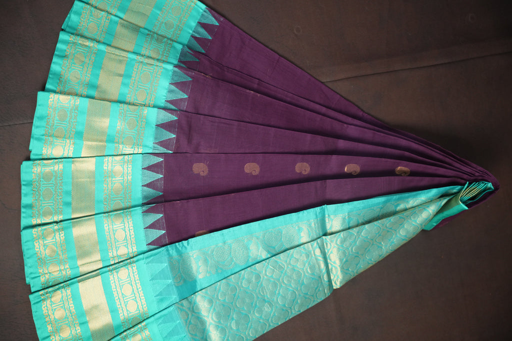 Turquoise Blue and Purple Gadwal Cotton Saree with Zari Border