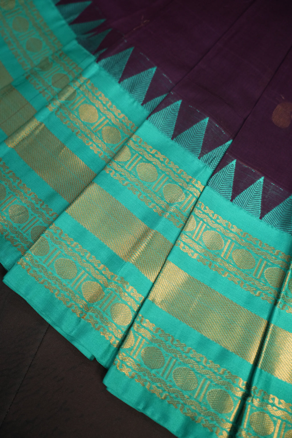 Turquoise Blue and Purple Gadwal Cotton Saree with Zari Border
