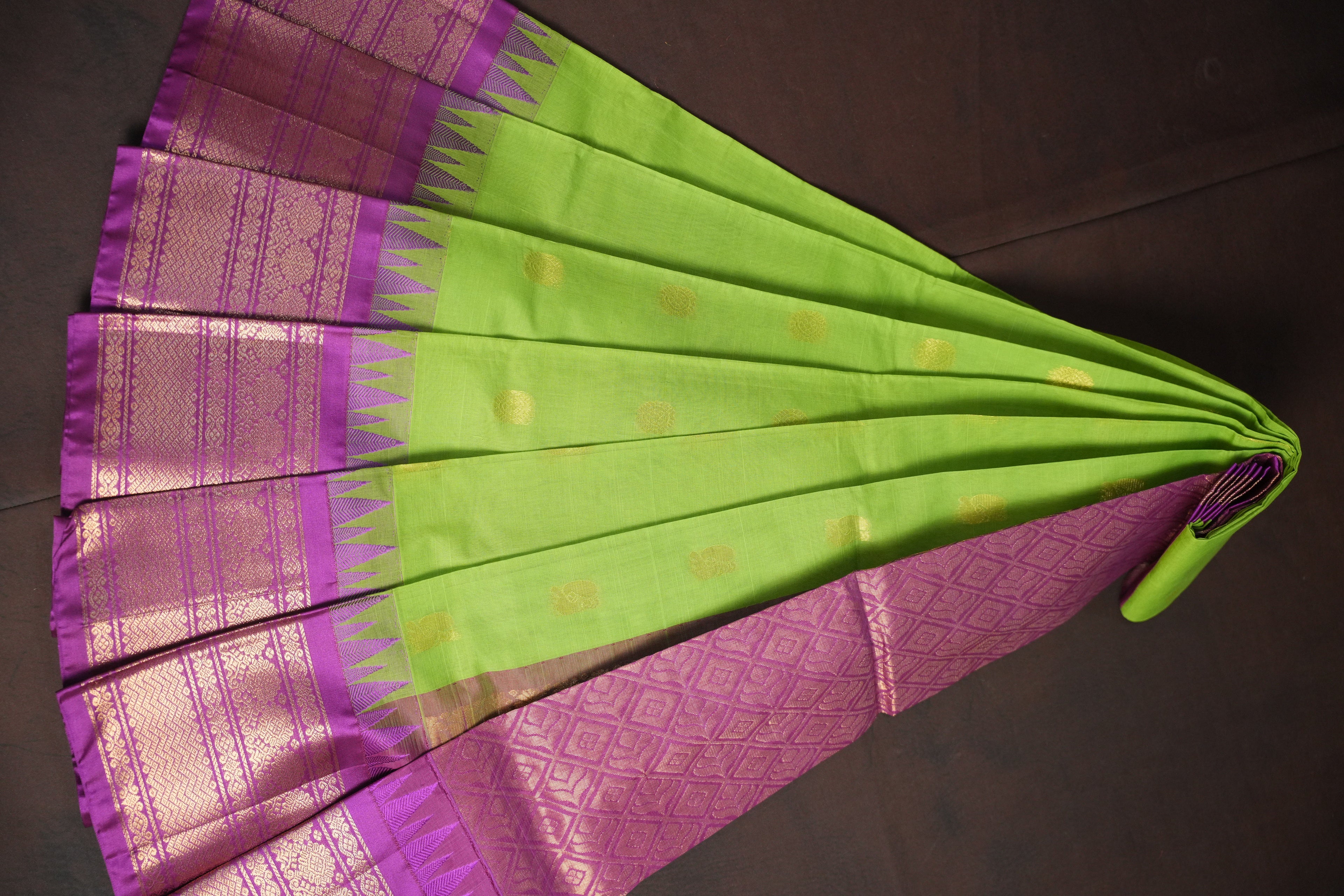 Parrot Green and Purple Gadwal Cotton Saree with Zari Border