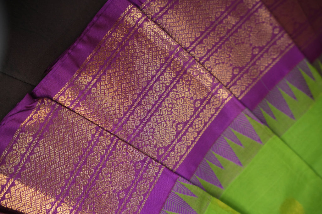 Parrot Green and Purple Gadwal Cotton Saree with Zari Border
