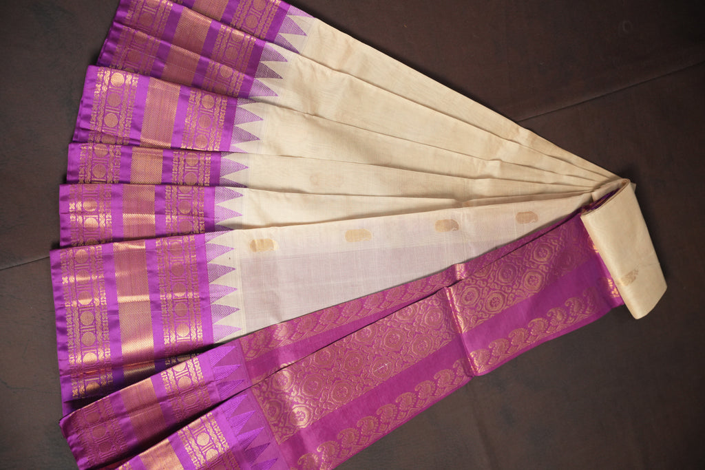 Cream and Purple Gadwal Cotton Saree with Zari Border