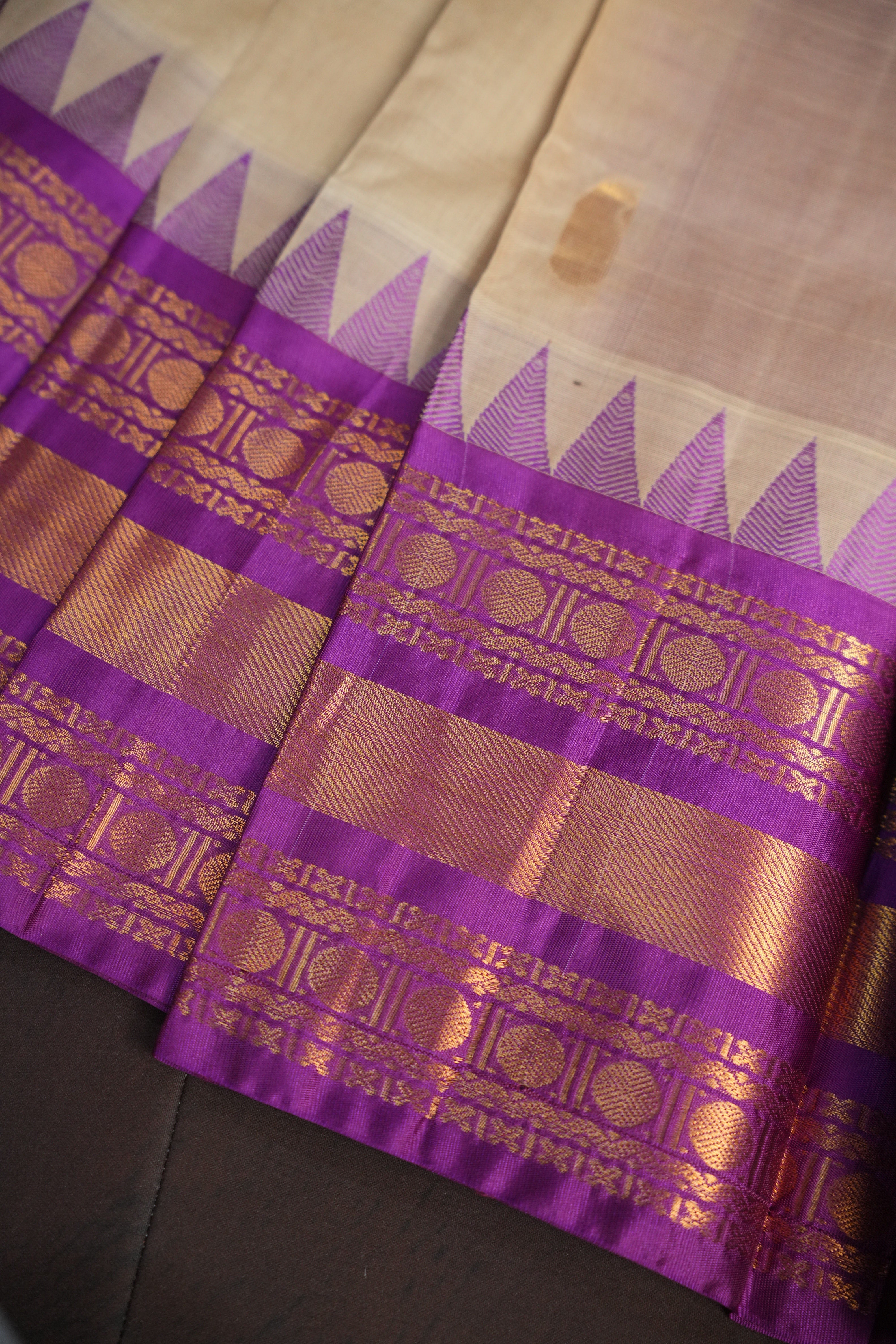 Cream and Purple Gadwal Cotton Saree with Zari Border