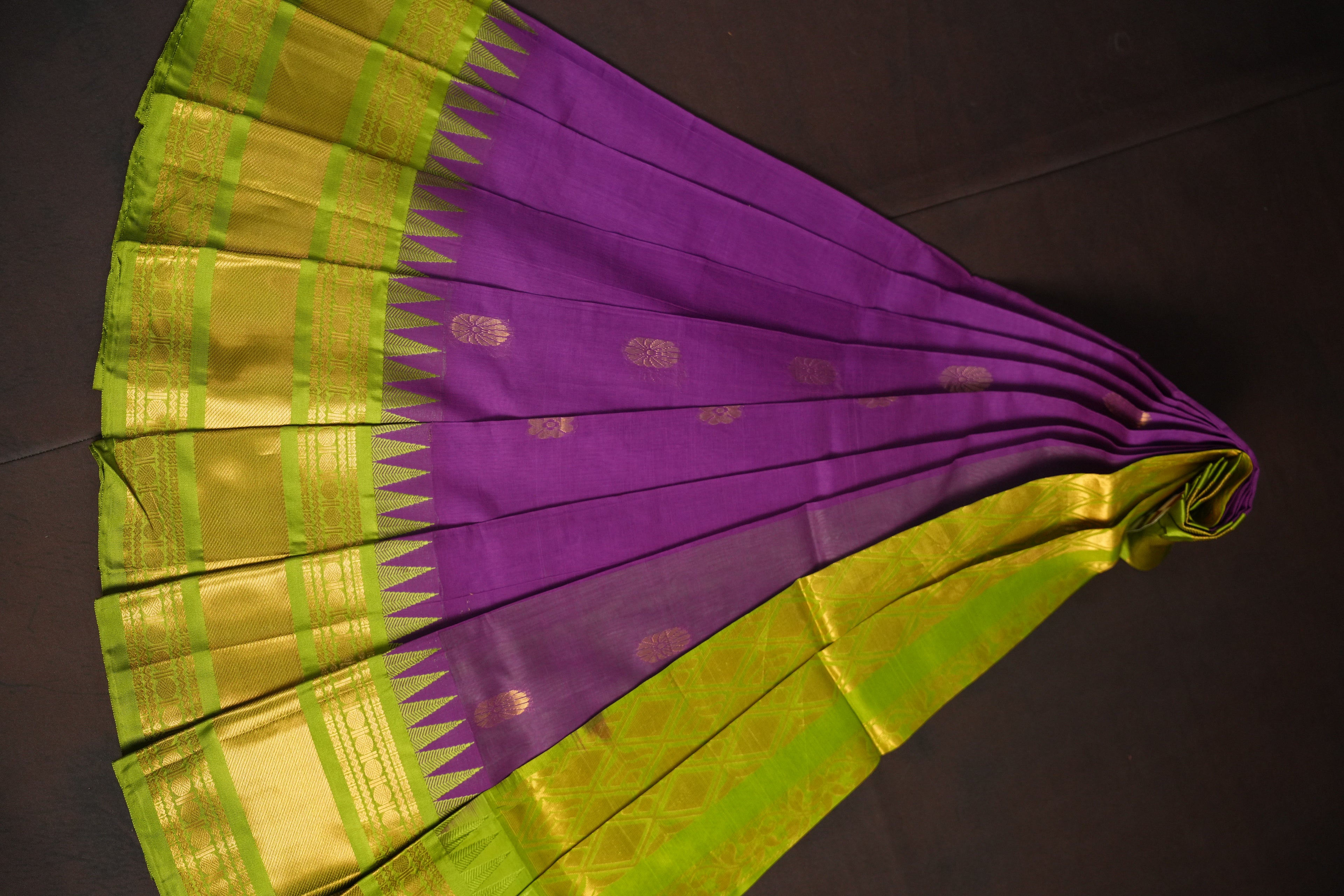Purple and Green Gadwal Cotton Saree with Gold Zari Border